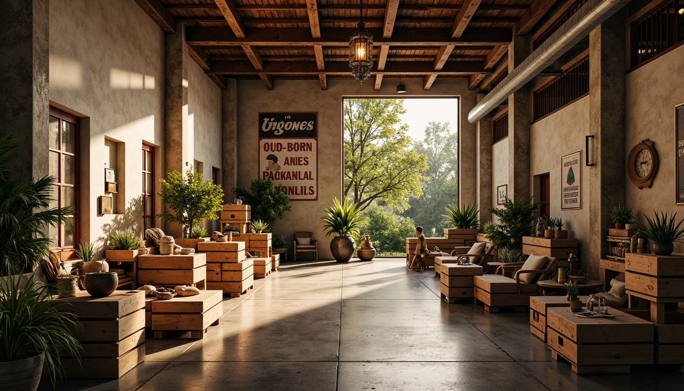 Prompt: Cozy distribution center, rustic wooden crates, vintage metal signs, earthy tone walls, distressed concrete floors, warm golden lighting, soft box lights, industrial metal beams, reclaimed wood accents, natural stone columns, lush greenery, sunny afternoon, shallow depth of field, 1/2 composition, realistic textures, ambient occlusion.