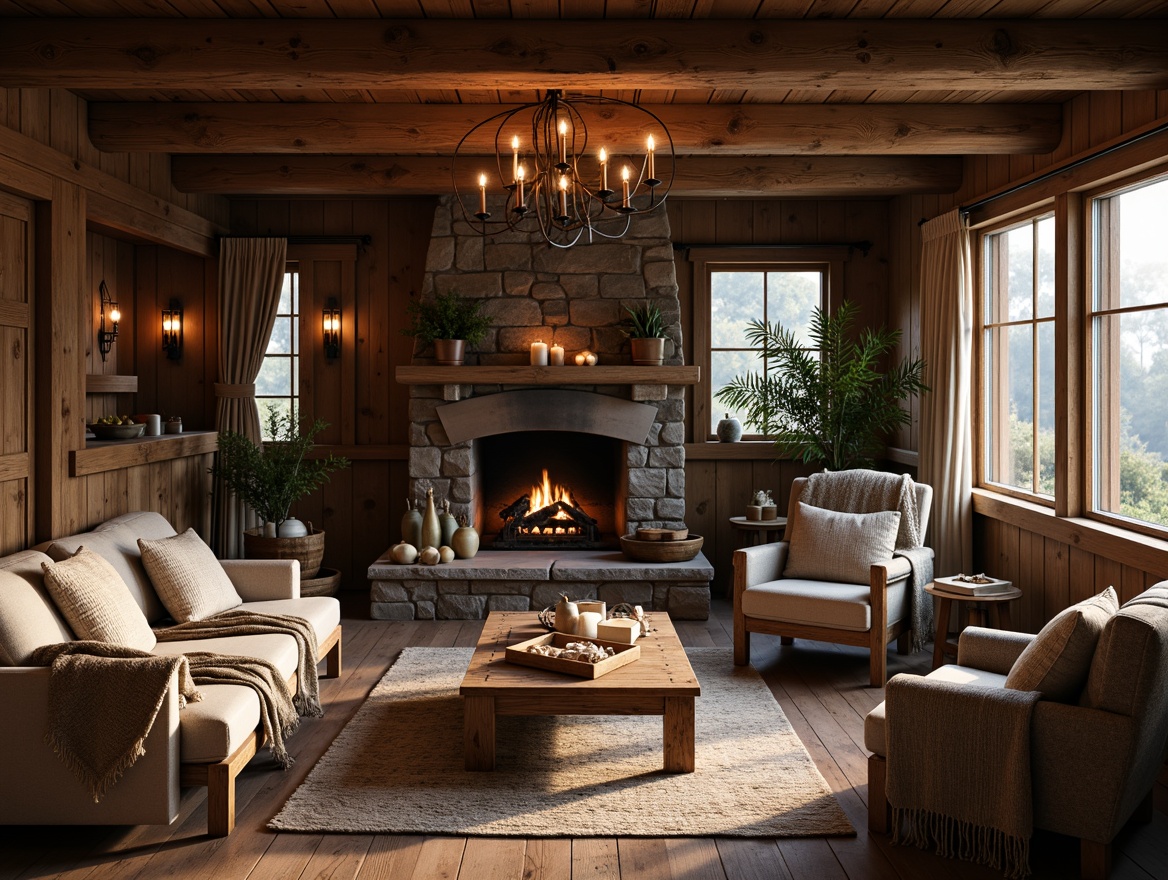 Prompt: Rustic cabin, wooden beams, stone fireplace, warm candlelight, soft lanterns, metal chandeliers, earthy tones, natural textures, vintage furniture, distressed wood accents, cozy throw blankets, warm color palette, inviting ambiance, morning sunlight, gentle shadows, 1/2 composition, shallow depth of field, realistic rendering.