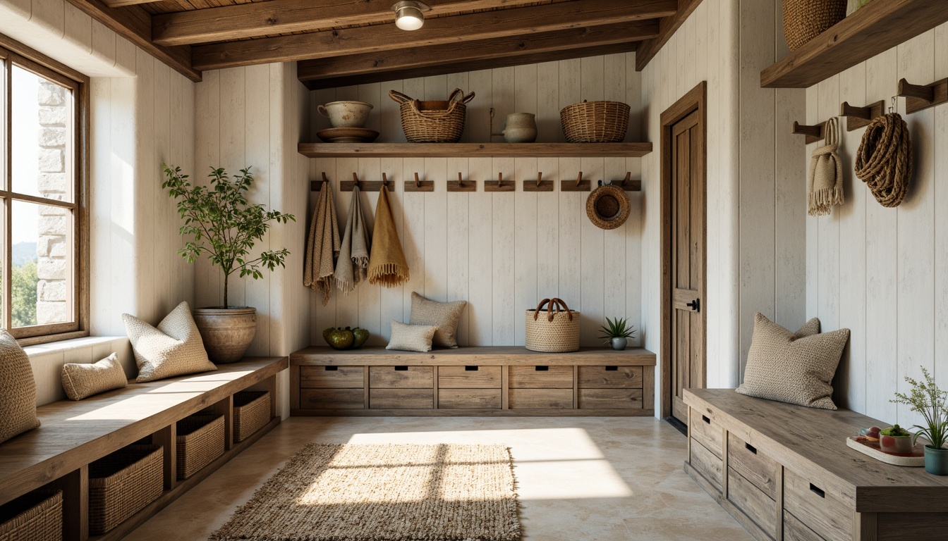 Prompt: Coastal mudroom, rustic wooden accents, weathered stone walls, nautical ropes, distressed metal decor, sandy beige floors, ocean-inspired color palette, built-in storage benches, wicker baskets, woven textiles, natural fiber rugs, driftwood shelves, reclaimed wood furniture, soft warm lighting, shallow depth of field, 1/1 composition, realistic textures, ambient occlusion.