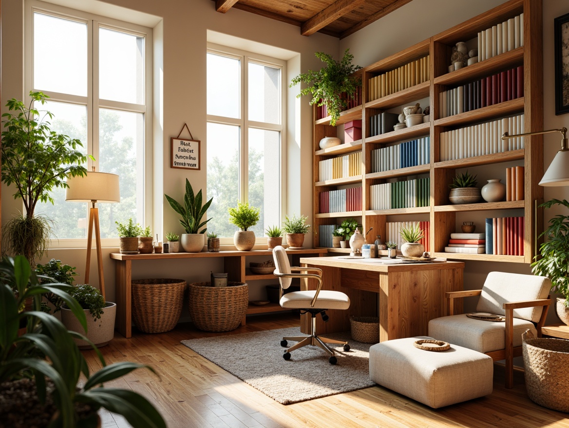 Prompt: Cozy craft room, abundant natural light, large windows, sheer curtains, soft warm glow, wooden worktable, ergonomic chair, organized storage shelves, colorful fabric swatches, inspirational artwork, lush green plants, earthy terracotta pots, woven baskets, rustic wood accents, calming color palette, soft cream walls, comfortable seating nook, floor lamp with linen shade, 1/2 composition, shallow depth of field, warm afternoon light.