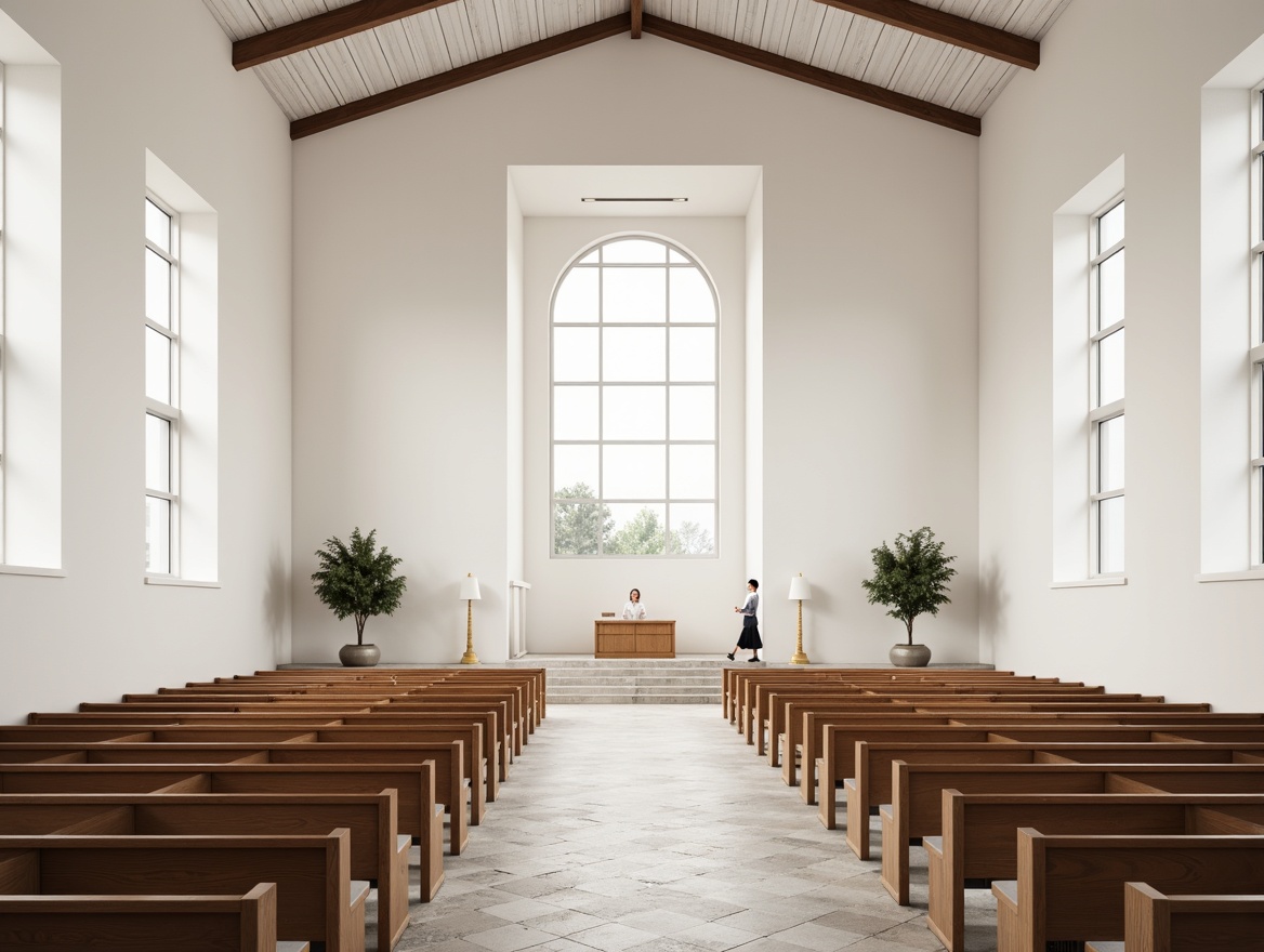 Prompt: Minimalist church interior, Nordic architectural style, light-filled nave, wooden pews, clean lines, white walls, high ceilings, large windows, stained glass, natural stone floors, subtle color palette, warm soft lighting, symmetrical composition, central altar, simple lectern, minimalist decorations, Scandinavian-inspired textiles, cozy atmospheric ambiance, sense of calmness, peaceful atmosphere.