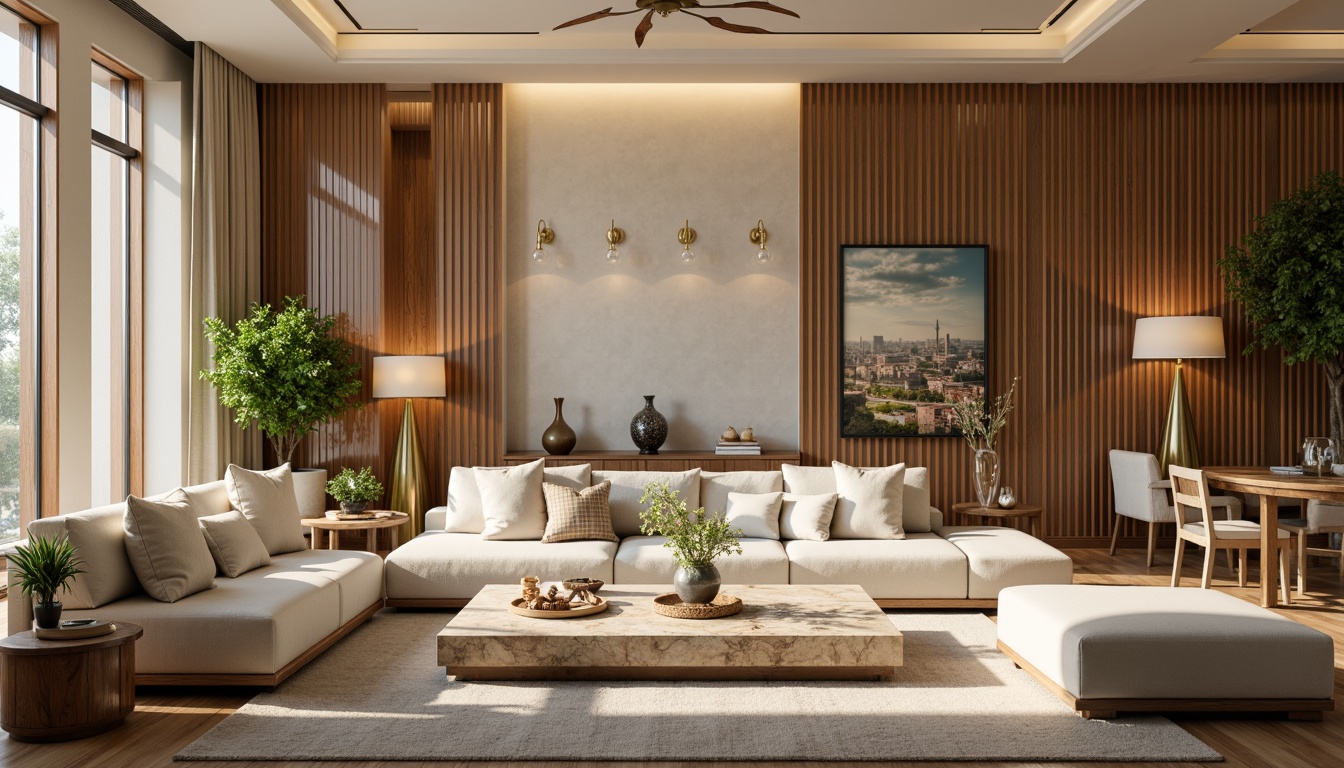 Prompt: Elegant living room, rich wood accents, creamy beige walls, plush velvet sofas, golden brass lighting fixtures, soft sage greenery, natural stone coffee tables, floor-to-ceiling windows, abundant sunlight, warm ambient glow, shallow depth of field, 1/1 composition, realistic textures, subtle color gradients.