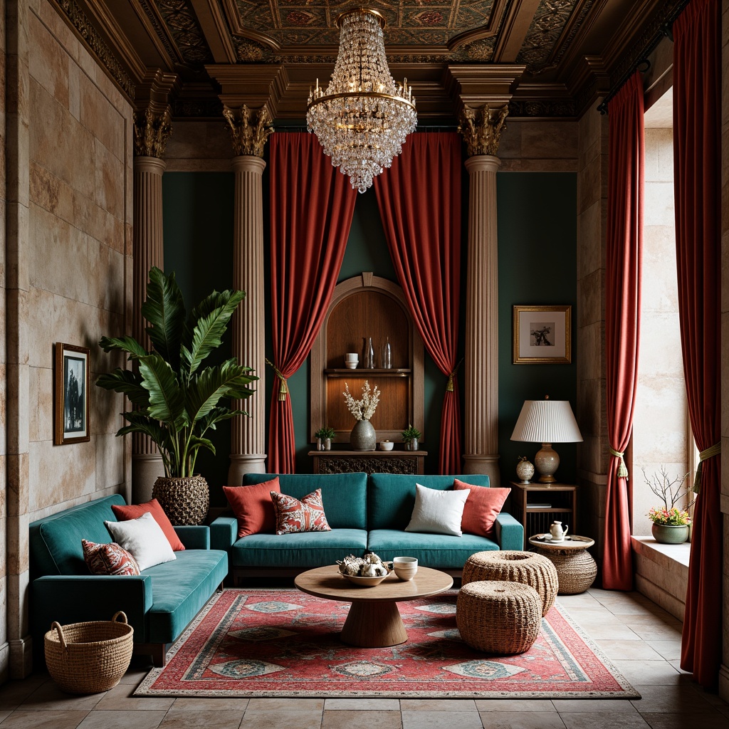 Prompt: Luxurious velvet fabrics, rich jewel-toned colors, eclectic pattern mixing, vintage Moroccan tiles, distressed wood accents, ornate metalwork, plush throw pillows, chunky woven baskets, rustic stone walls, grand crystal chandeliers, elegant drapery, soft warm lighting, inviting cozy nooks, 3/4 composition, realistic textures, ambient occlusion.