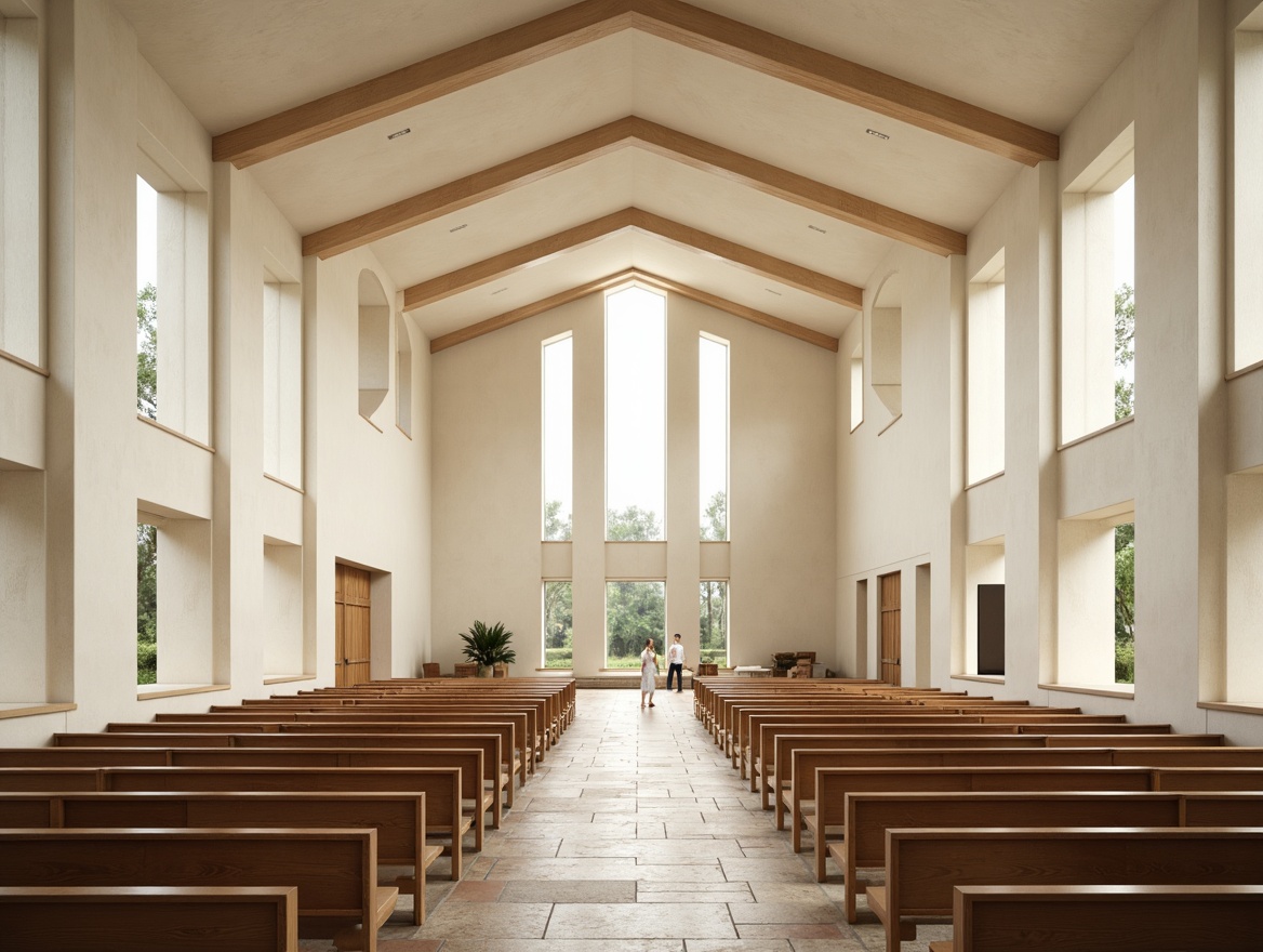 Prompt: Minimalist Nordic church interior, natural light pouring through large windows, wooden pews, subtle cream-colored walls, rustic stone flooring, elegant simplicity, vaulted ceilings, dramatic verticality, airy open spaces, functional layouts, harmonious proportions, serene ambiance, soft warm lighting, shallow depth of field, 3/4 composition, panoramic view, realistic textures, ambient occlusion.