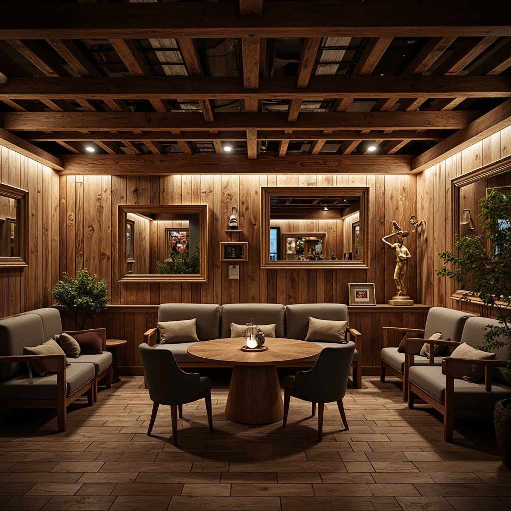 Prompt: Rich wood paneling, ornate mirrors, vintage athletic equipment displays, distressed brick accent walls, rustic metal beams, warm earthy tones, comfortable lounge seating areas, antique fitness artifacts, classic sports memorabilia, dimmed lighting, soft warm color palette, shallow depth of field, 2/3 composition, natural textures, ambient occlusion.