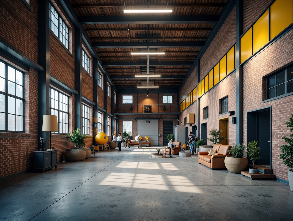 Prompt: Industrial warehouse, exposed brick walls, metal beams, concrete floors, functional lighting, modern machinery, neutral tones, grayish blue accents, bold yellow highlights, earthy brown undertones, natural textures, matte finishes, minimalist decor, urban loft ambiance, high ceilings, open spaces, industrial chic aesthetic, dramatic shadows, soft warm glow, 1/1 composition, realistic rendering, ambient occlusion.