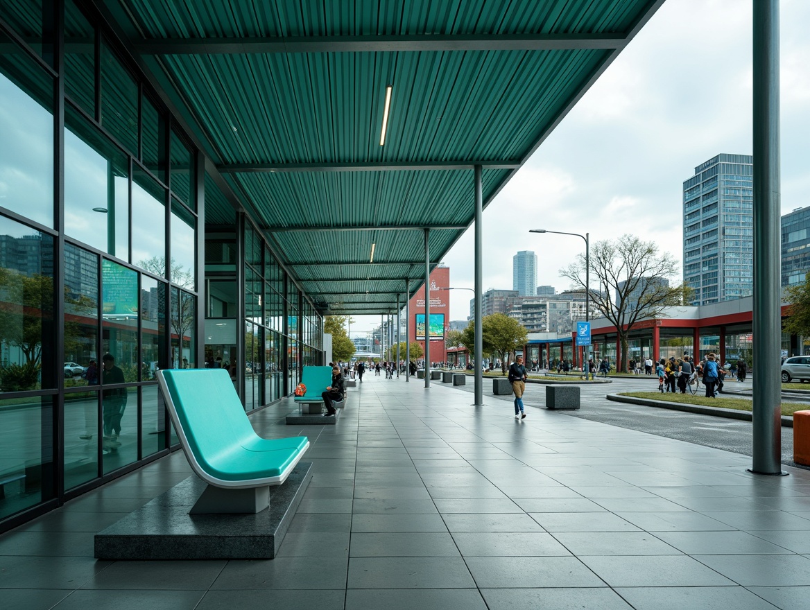 Prompt: Vibrant teal accents, modern bus station architecture, sleek glass facades, stainless steel columns, polished concrete floors, minimalist benches, futuristic lighting fixtures, dynamic digital displays, urban cityscape, morning rush hour, soft natural light, shallow depth of field, 1/2 composition, wide-angle lens, realistic reflections, ambient occlusion.