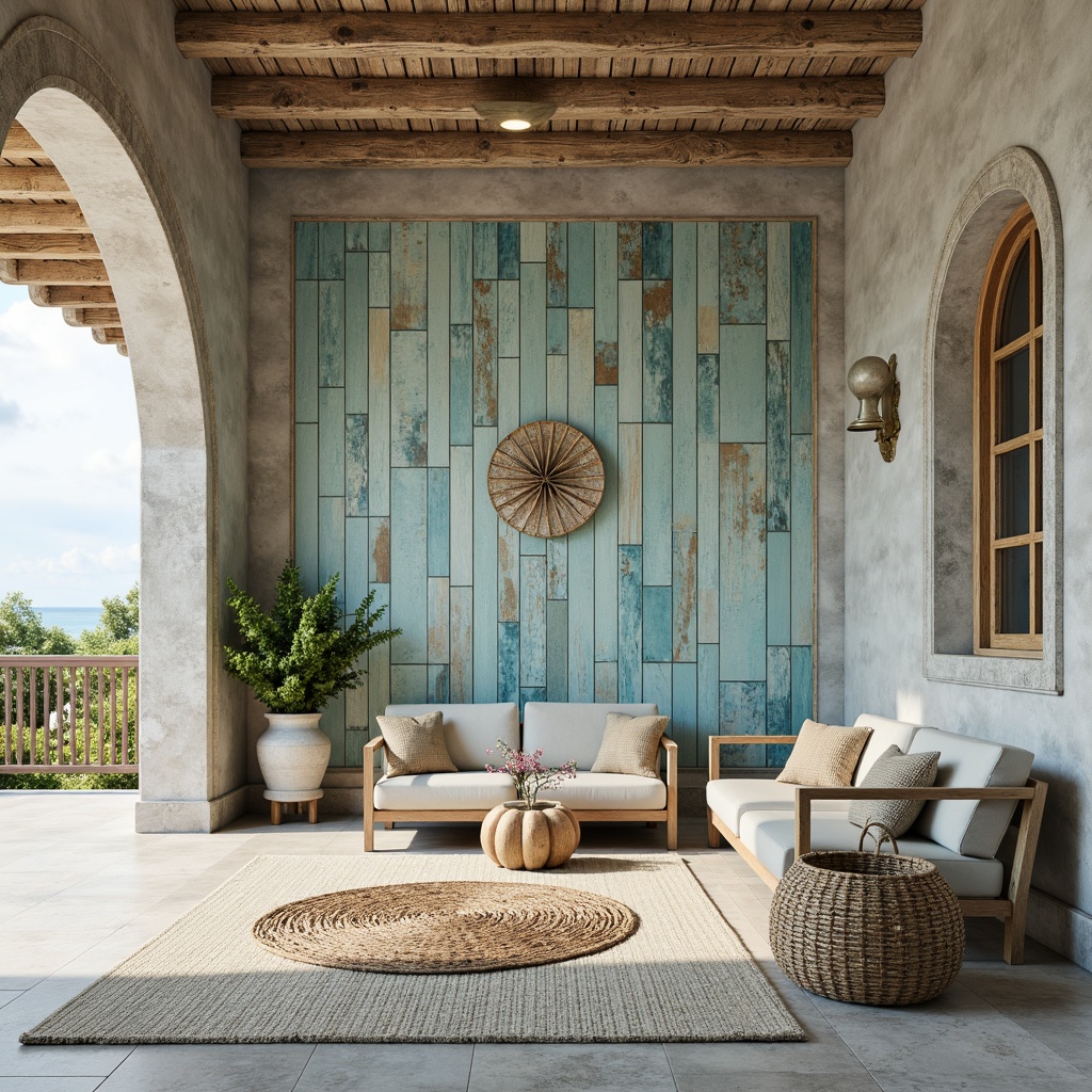 Prompt: Weathered wooden planks, driftwood accents, soft blue-green hues, ocean-inspired colors, textured stucco, rough-hewn stone walls, sea-salt sprayed concrete, distressed finishes, coral-patterned tiles, shell-adorned decorative elements, natural fiber textiles, woven seagrass rugs, beachy keystone arches, warm sandy neutrals, coastal-themed murals, subtle nautical accents, soft ocean breeze ambiance, gentle sunlight filtering, 1/2 composition, intimate close-up shots, realistic weathering effects.