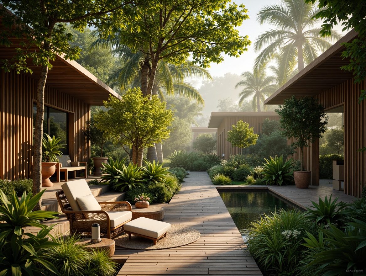 Prompt: Lush tropical rainforest, exotic palm trees, vibrant floral patterns, natural wood accents, woven rattan furniture, earthy terracotta pots, serene water features, misty atmospheric lighting, warm golden sunbeams, shallow depth of field, 3/4 composition, panoramic view, realistic textures, ambient occlusion, organic curves, sustainable materials, eco-friendly design, open-air pavilions, verdant green walls, nature-inspired color palette.