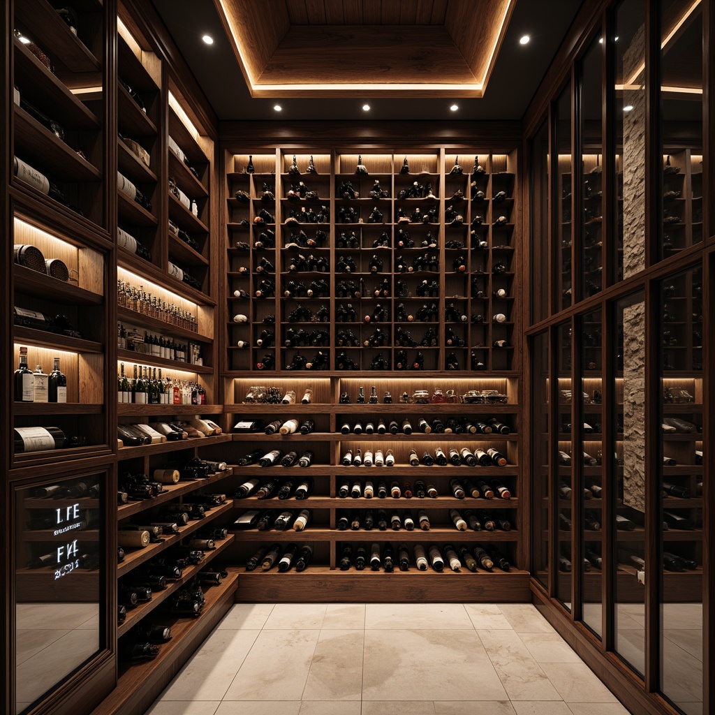 Prompt: Luxurious wine cellar, dark wood shelving, climate-controlled environment, humidity regulation, temperature maintenance, sleek metal frames, glass-enclosed cabinets, LED lighting, ambient dimming, rich wood grain textures, ornate carvings, custom-designed racks, bottle-capacity optimization, label-forward display, modern minimalist aesthetic, polished chrome accents, sophisticated storage solutions.