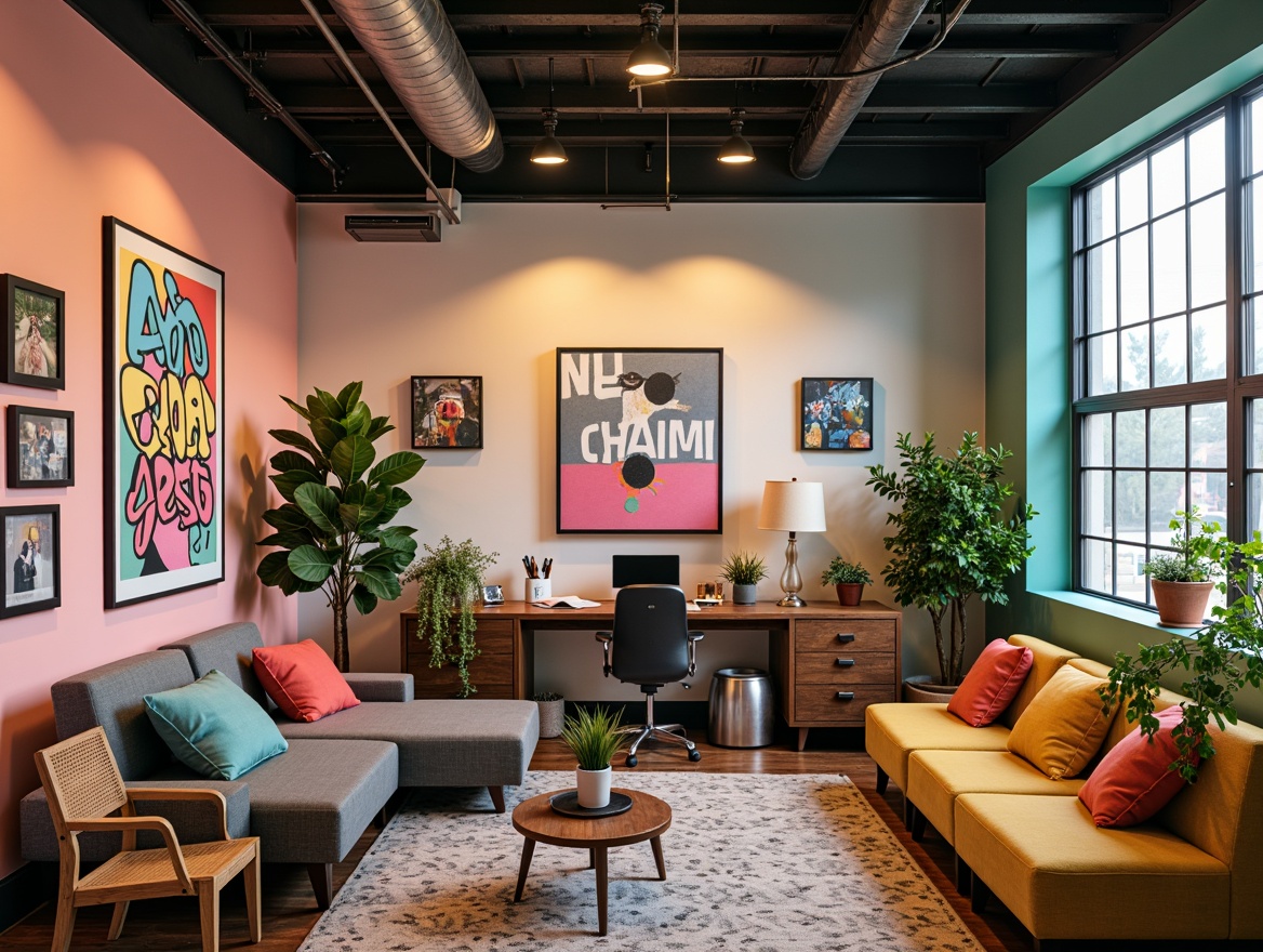 Prompt: Vibrant modern design studio, creative workspace, eclectic art pieces, bold typography, pastel accent walls, natural wood furniture, industrial metal lighting, abstract geometric patterns, rich jewel-toned colors, metallic accents, soft warm glow, shallow depth of field, 1/1 composition, realistic textures, ambient occlusion.