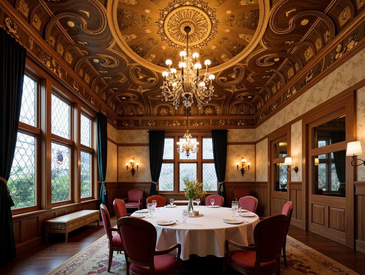 Prompt: Luxurious Art Nouveau dining room, ornate plasterwork, flowing organic patterns, sinuous lines, stained glass windows, rich wood paneling, velvet drapes, gilded moldings, floral motifs, intricate carvings, warm golden lighting, soft focus, shallow depth of field, 2/3 composition, atmospheric perspective, realistic textures, subtle ambient occlusion.