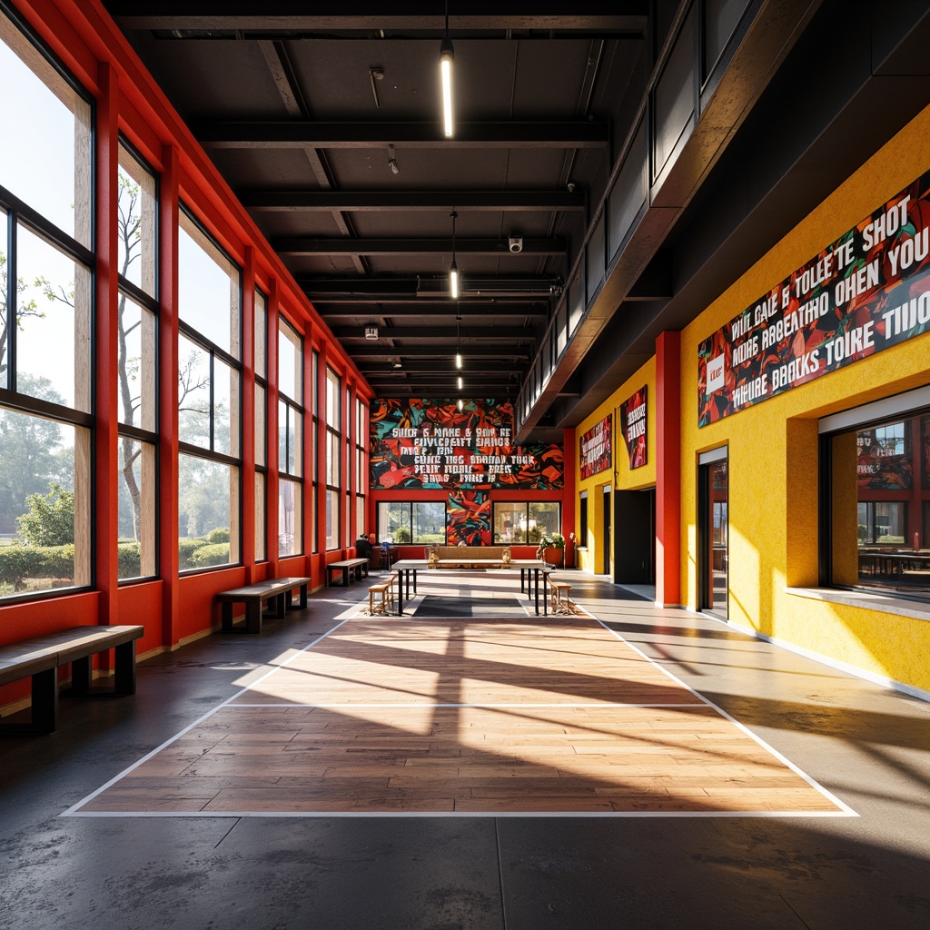 Prompt: Vibrant gym interior, bold color scheme, dynamic sports equipment, motivational quotes, wooden flooring, modern architecture, large windows, natural light, athletic track, basketball court, tennis tables, energetic atmosphere, high-contrast lighting, sharp shadows, 1/1 composition, realistic textures, ambient occlusion.