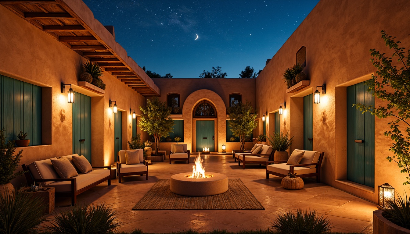 Prompt: Warm southwestern ambiance, rustic adobe walls, vibrant turquoise accents, natural linen textures, earthy terracotta floors, reclaimed wood beams, pendant lanterns, warm golden lighting, soft candlelight, ambient shadows, cozy nooks, desert botanicals, cacti silhouettes, starry night sky, warm breeze, gentle rustling sounds, shallow depth of field, 1/1 composition, cinematic view, realistic renderings, subtle color grading.