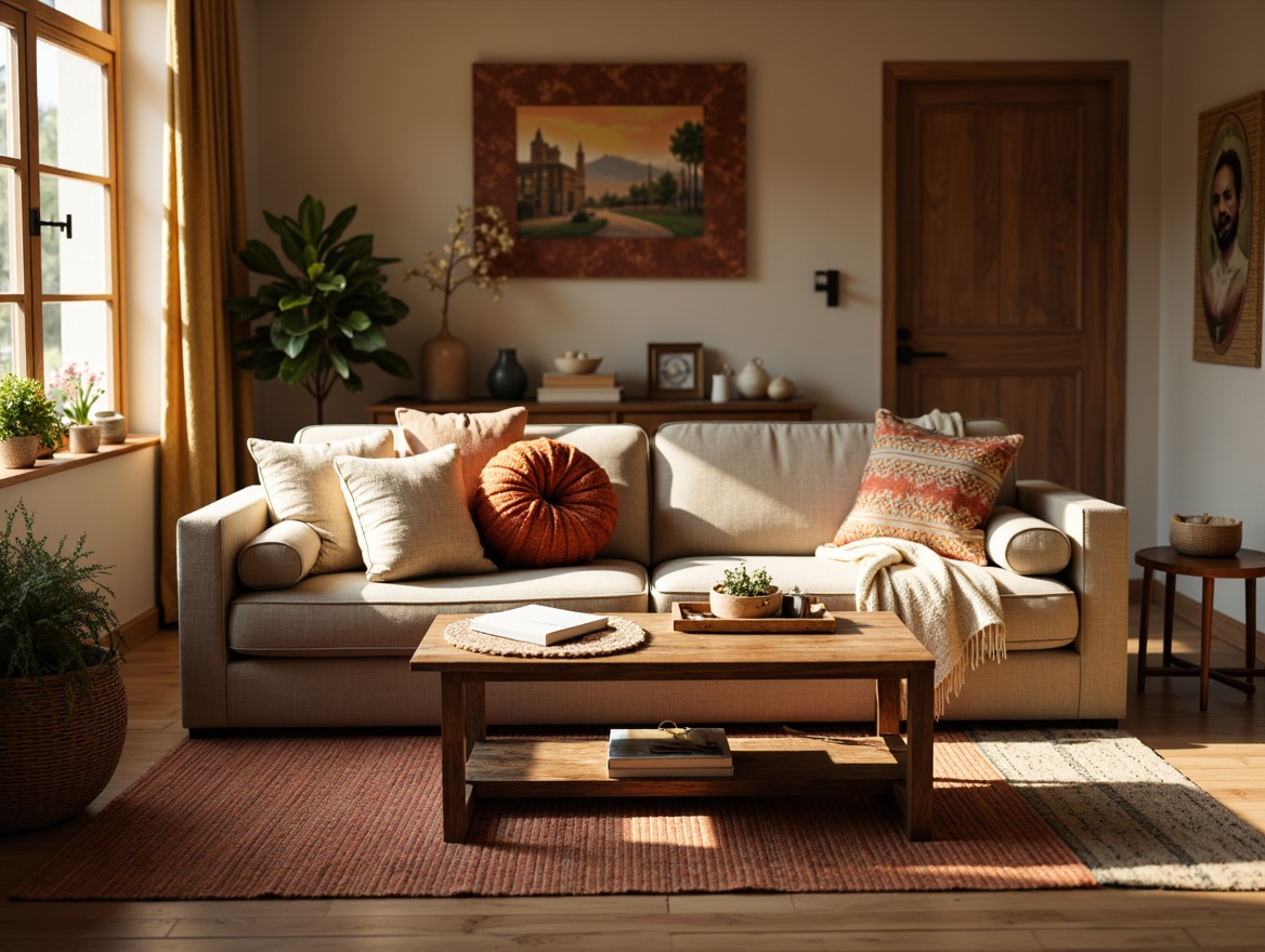 Prompt: Cozy living room, plush throw pillows, soft woven blankets, comfortable velvet sofa, wooden coffee table, warm beige walls, natural fiber rugs, earthy tone colors, relaxing ambiance, gentle warm lighting, shallow depth of field, 1/1 composition, realistic textures, ambient occlusion, vibrant colorful patterns, intricate geometric motifs.