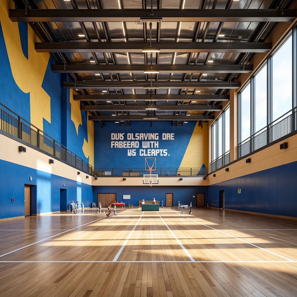 Prompt: Vibrant gymnasium interior, bold athletic colors, dynamic lighting, polished wooden floors, sleek metal beams, motivational quotes, modern sports equipment, energetic atmosphere, bright blue accents, warm beige tones, neutral gray backgrounds, rich wood textures, subtle metallic sheens, shallow depth of field, 1/2 composition, realistic reflections, ambient occlusion.