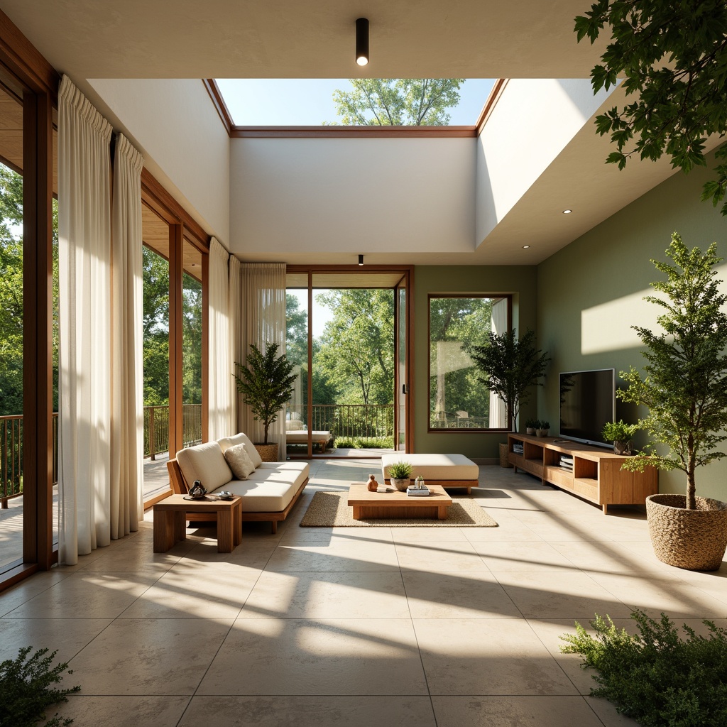 Prompt: Bright airy interior, floor-to-ceiling windows, sliding glass doors, sheer curtains, natural stone floors, wooden accents, minimalist decor, green walls, lush indoor plants, warm beige tones, soft diffused lighting, indirect sunlight, clerestory windows, skylights, open-plan layout, living room, cozy reading nook, comfortable seating area, calm atmosphere, 1/1 composition, shallow depth of field, realistic textures.