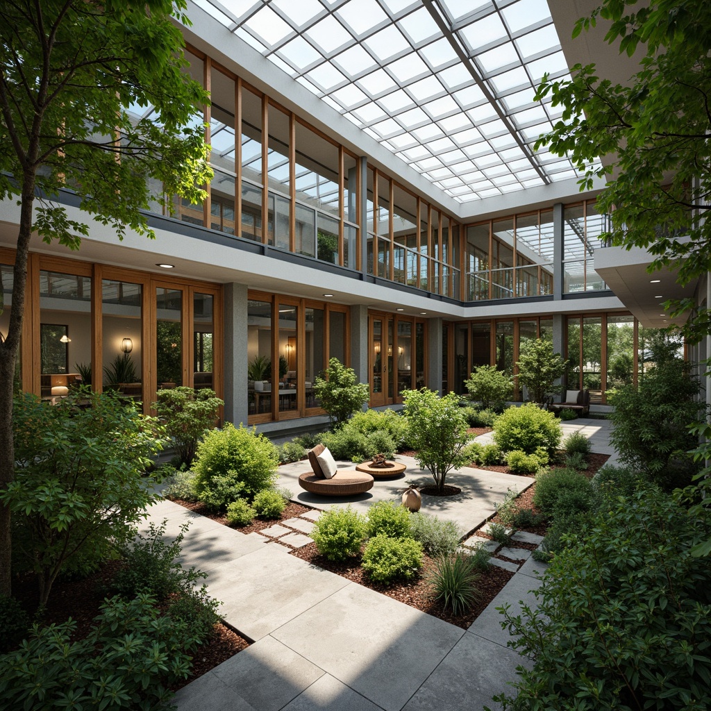 Prompt: Vibrant atrium, lush greenery, floor-to-ceiling windows, clerestory windows, skylights, solar tubes, reflective surfaces, minimal shading devices, open floor plan, transparent glass walls, sliding glass doors, natural stone floors, reclaimed wood accents, earthy color palette, warm soft lighting, gentle ambient glow, shallow depth of field, 3/4 composition, panoramic view, realistic textures, ambient occlusion.