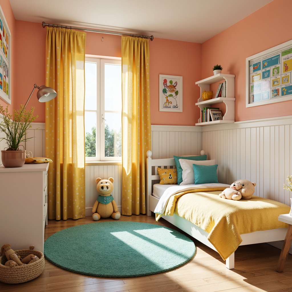 Prompt: Vibrant kids' bedroom, playful color scheme, bright pastel hues, soft peach walls, creamy white furniture, turquoise accents, yellow sunshine drapes, whimsical cartoon characters, fun polka dots, educational wall art, cozy reading nook, plush area rug, natural wood flooring, soft warm lighting, 1/1 composition, intimate atmosphere, realistic textures, ambient occlusion.