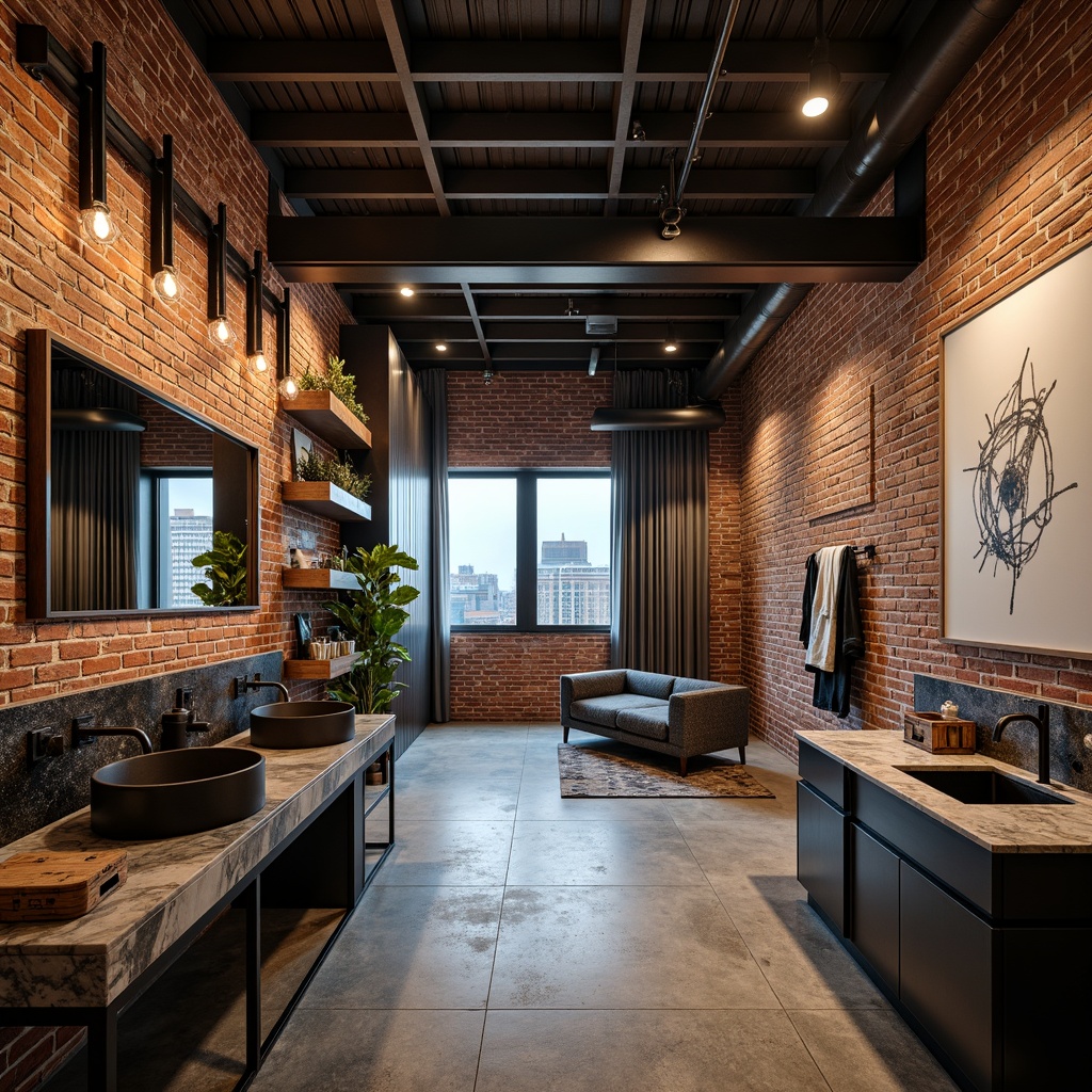 Prompt: Exposed brick walls, industrial metal beams, polished concrete floors, modern minimalist decor, bold color accents, geometric patterns, metallic finishes, reclaimed wood shelves, Edison bulb lighting, urban cityscape views, abstract art pieces, distressed textures, matte black fixtures, industrial-style sinks, exposed pipes, luxurious velvet drapes, rich marble countertops, moody atmospheric lighting, 1/1 composition, cinematic depth of field, realistic reflections.