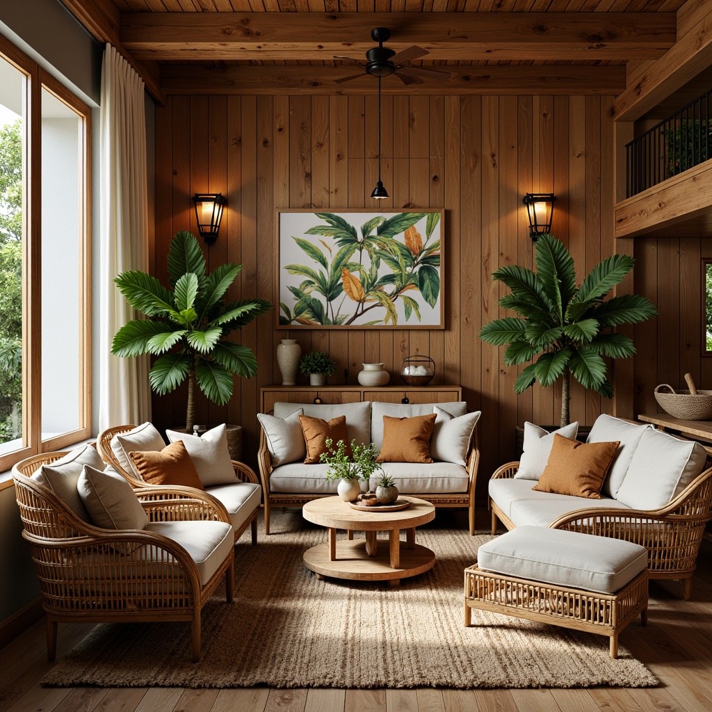 Prompt: Tropical living room, exotic wood accents, woven rattan furniture, plush velvet upholstery, natural linen drapes, jute rug, reclaimed wooden walls, vibrant greenery, pendant lanterns, soft warm lighting, shallow depth of field, 1/1 composition, realistic textures, ambient occlusion.