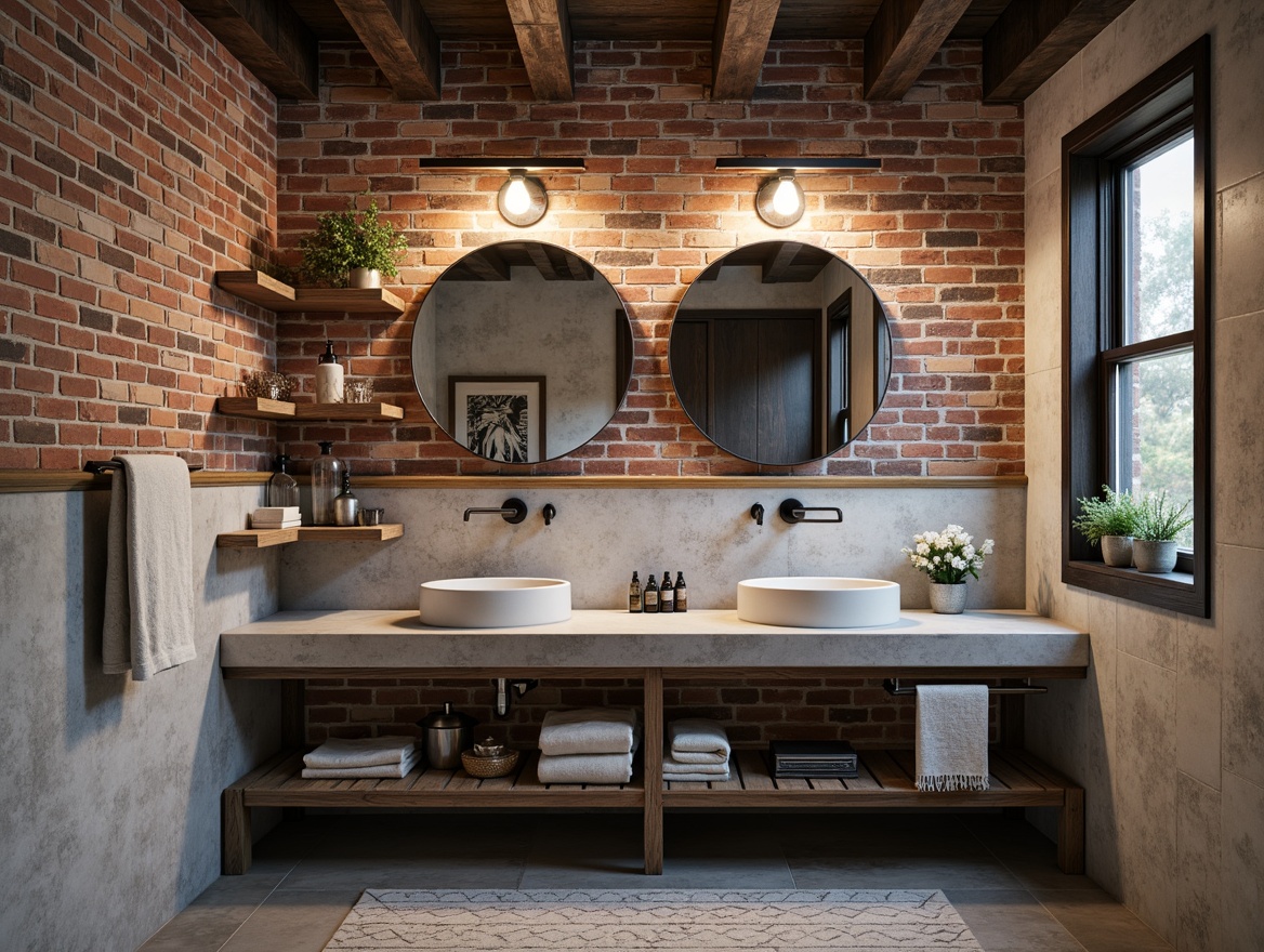 Prompt: Exposed brick walls, industrial metal beams, distressed wood accents, modern powder room fixtures, sleek chrome faucets, concrete countertops, urban loft-style decor, vintage factory lights, reclaimed wood shelving, industrial-chic accessories, metallic tone color palette, Edison bulb lighting, rough-textured stone flooring, minimalist chic design, functional storage solutions, monochromatic color scheme, bold graphic patterns, geometric-shaped decorative accents.