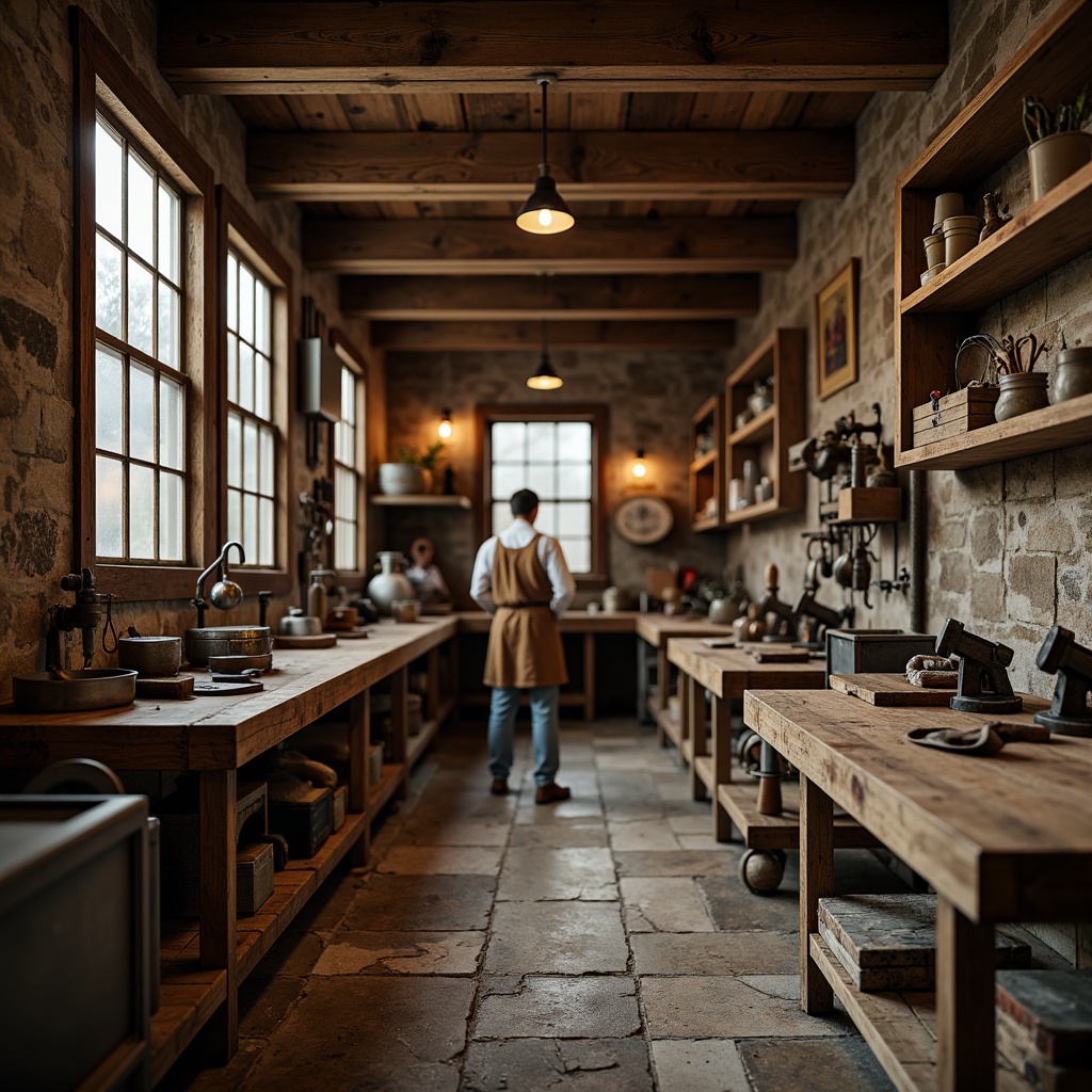 Prompt: Rustic wooden workbenches, distressed metal vices, leather aprons, vintage hand tools, wooden crates, industrial lamps, earthy color palette, rough-hewn wood textures, ornate metal fixtures, functional shelving, natural stone flooring, warm ambient lighting, shallow depth of field, 2/3 composition, realistic wear and tear, worn wooden surfaces, nostalgic workshop atmosphere.