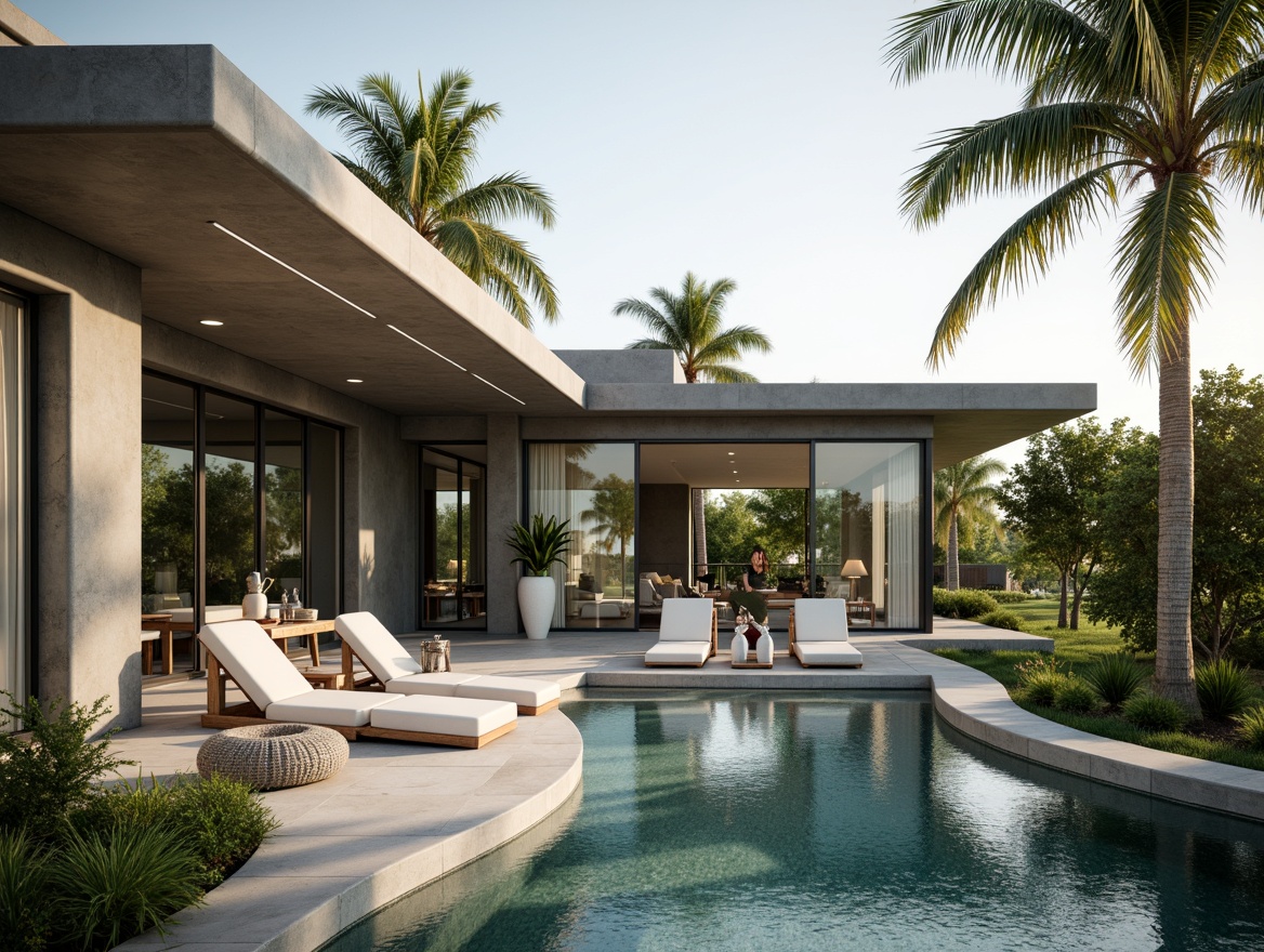 Prompt: Streamlined modern villa, curved lines, textured walls, monochromatic color scheme, polished metal accents, minimalist decor, floor-to-ceiling windows, sliding glass doors, lush greenery, tropical plants, sunny day, warm ambient lighting, shallow depth of field, 1/1 composition, symmetrical balance, sleek furniture, luxurious fabrics, subtle pattern motifs.