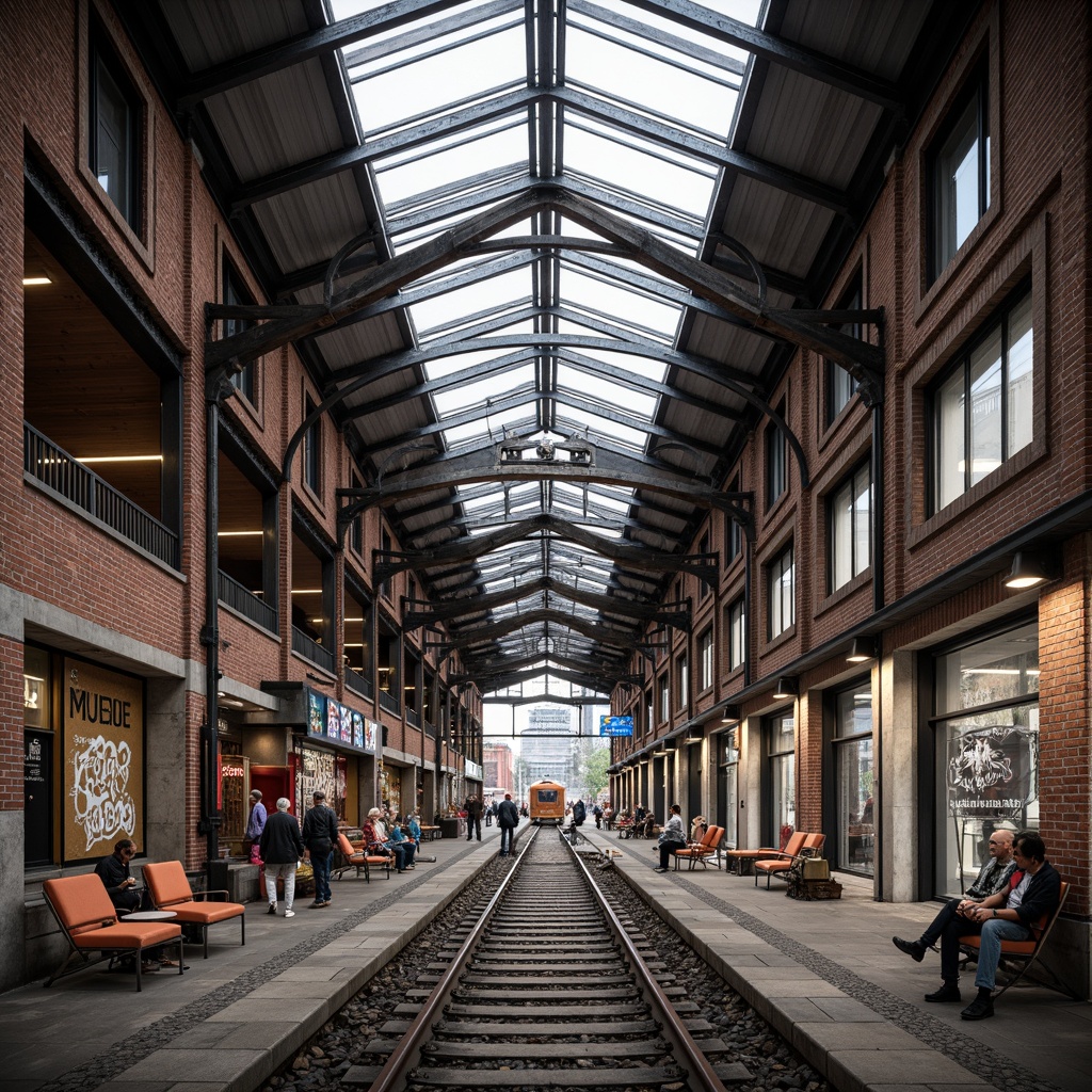 Prompt: Rustic train station, industrial steel beams, exposed brick walls, modern metal framework, cantilevered roofs, large glass skylights, urban cityscape, bustling atmosphere, morning rush hour, natural light pouring in, shallow depth of field, 3/4 composition, panoramic view, realistic textures, ambient occlusion, distressed concrete floors, reclaimed wood accents, industrial-style lighting fixtures, vibrant graffiti art, eclectic urban furniture.