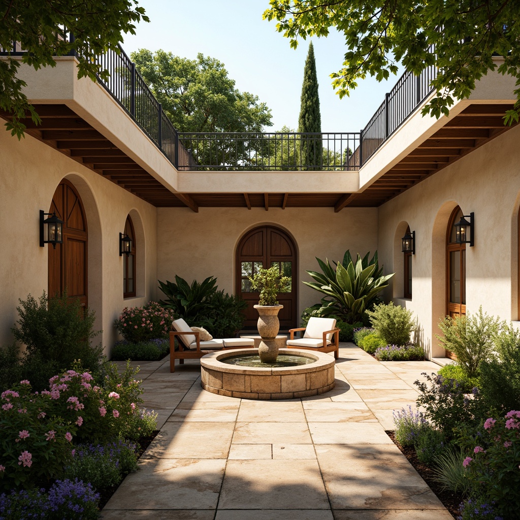 Prompt: Tranquil Mediterranean courtyard, lush greenery, blooming flowers, natural stone pavement, ornate fountains, wrought iron railings, rustic wooden doors, earthy color palette, warm sunny day, soft golden lighting, shallow depth of field, 3/4 composition, panoramic view, realistic textures, ambient occlusion, outdoor seating areas, comfortable cushions, lantern-style lighting, fragrant herb gardens, decorative tile work, arched windows, stucco exterior walls, curved lines, elegant simplicity.