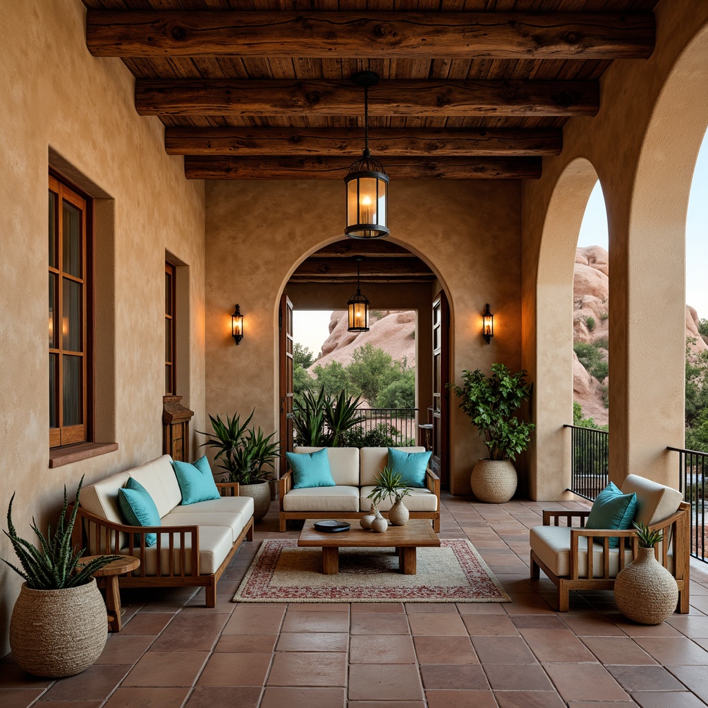 Prompt: Southwestern inspired villa, rustic adobe walls, earthy tone terracotta tiles, wooden beam ceilings, vibrant turquoise accents, wrought iron fixtures, ornate metal lanterns, warm candlelight, soft ambient glow, natural textiles, woven baskets, desert botanicals, cacti, succulents, warm beige stucco, rustic wooden doors, distressed leather furnishings, vintage Moroccan patterns, geometric tile work, warm sandy dunes, clear blue skies, 3/4 composition, shallow depth of field, realistic textures.