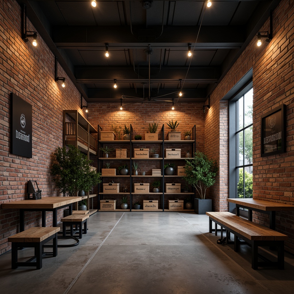 Prompt: Exposed brick walls, industrial metal beams, distressed wood accents, matte black fixtures, Edison bulb lighting, concrete floors, urban chic decor, minimalist shelving, reclaimed wood crates, vintage factory tools, galvanized steel decor, rustic wooden benches, moody color palette, dramatic shadows, low-key ambient lighting, cinematic composition, gritty textures.