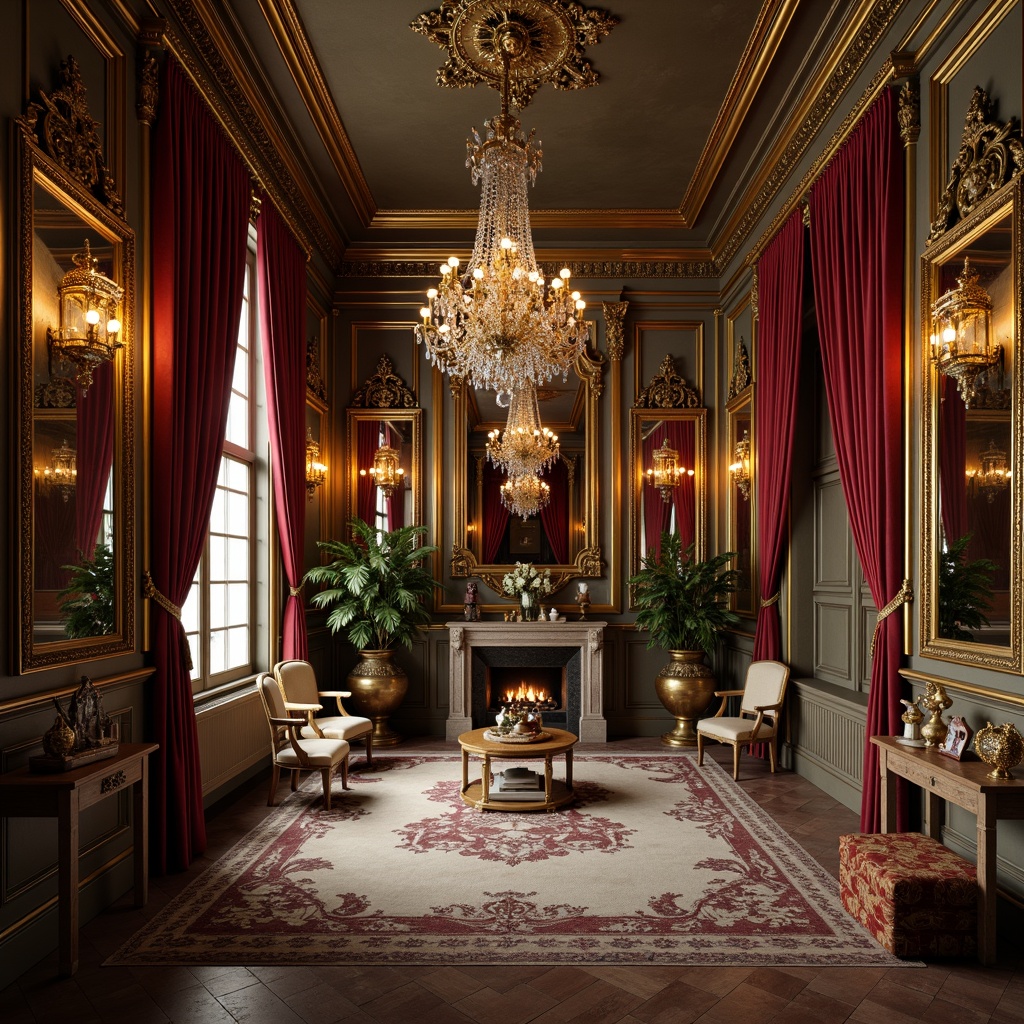 Prompt: Opulent Baroque interior, rich velvet drapes, golden ornate frames, intricate marble patterns, lavish crystal chandeliers, ornamental mirrors, distressed wood paneling, luxurious silk fabrics, subtle texture gradations, warm candlelight, dramatic shadows, 1/2 composition, shallow depth of field, realistic reflections, ambient occlusion.