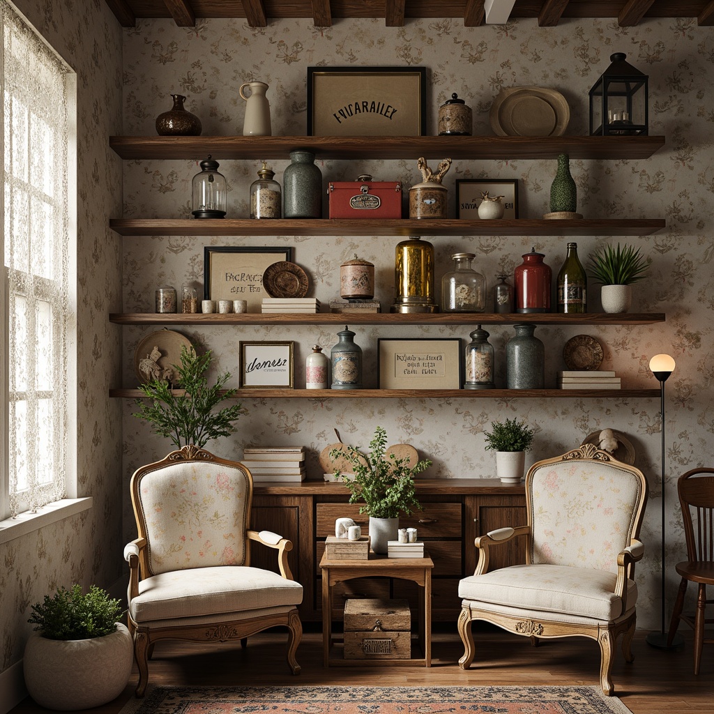 Prompt: Distressed wooden shelves, vintage metal lanterns, rustic brick walls, soft pastel colors, lace-trimmed curtains, antique apothecary jars, distressed wooden crates, faded floral patterns, worn leather armchairs, ornate gold frames, distressed metal signs, peeling wallpaper, warm candlelight, shallow depth of field, 1/1 composition, realistic textures, ambient occlusion.