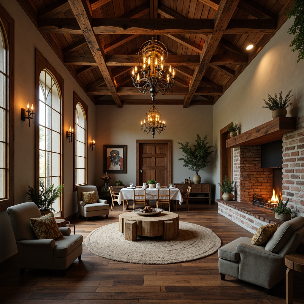 Prompt: Rustic farmhouse interior, vintage Art Deco accents, distressed wood beams, metal lanterns, pendant lighting, candle chandeliers, reclaimed barn wood, brick walls, natural stone fireplaces, soft warm glow, ambient lighting, 1/2 composition, shallow depth of field, realistic textures, warm color palette, cozy atmosphere, traditional farmhouse decor, elegant Art Deco patterns.