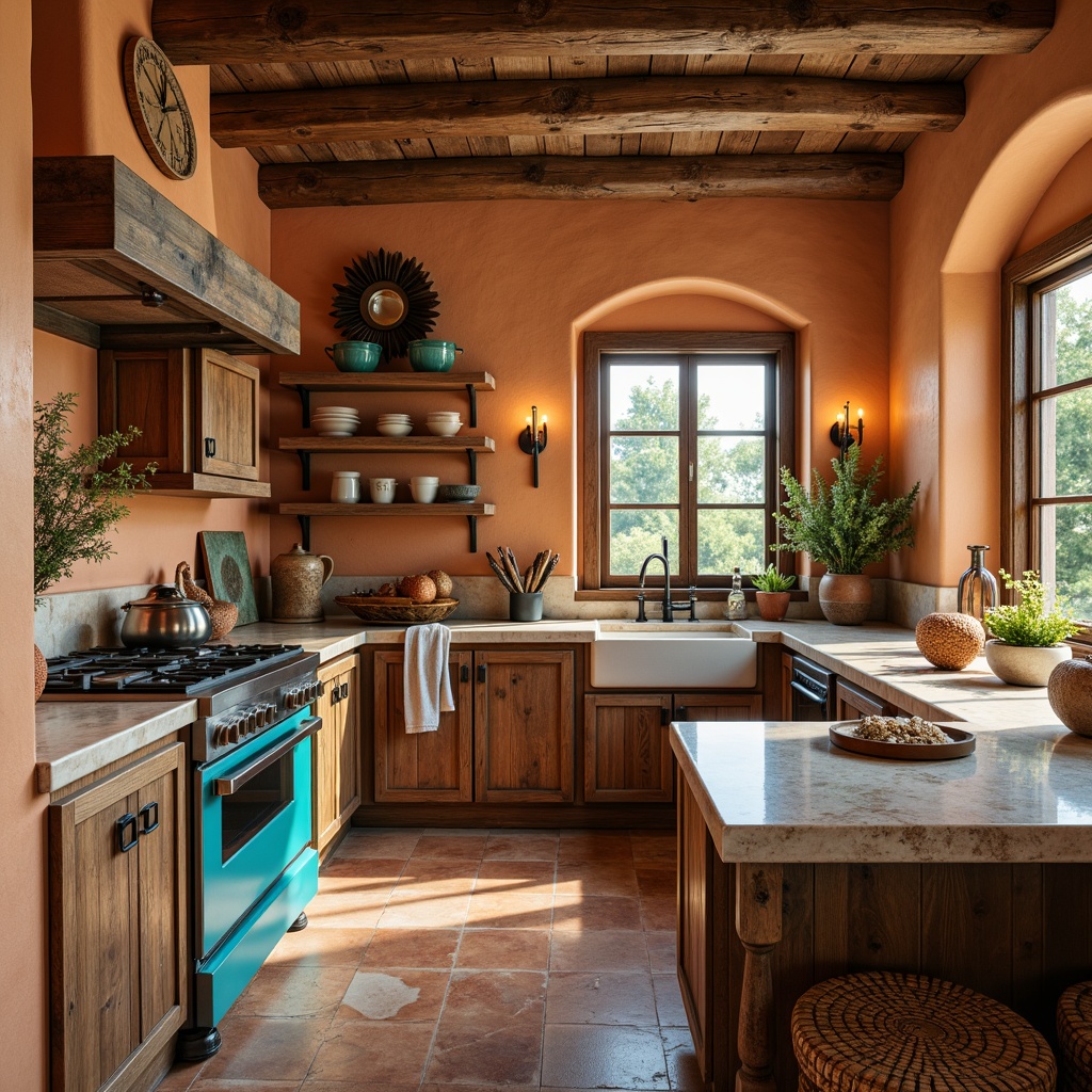 Prompt: Rustic kitchen, Southwestern flair, warm earthy tones, wooden cabinetry, distressed finishes, ornate metal hardware, vibrant turquoise accents, natural stone countertops, terracotta flooring, adobe-inspired architecture, arched windows, soft warm lighting, shallow depth of field, 3/4 composition, panoramic view, realistic textures, ambient occlusion.