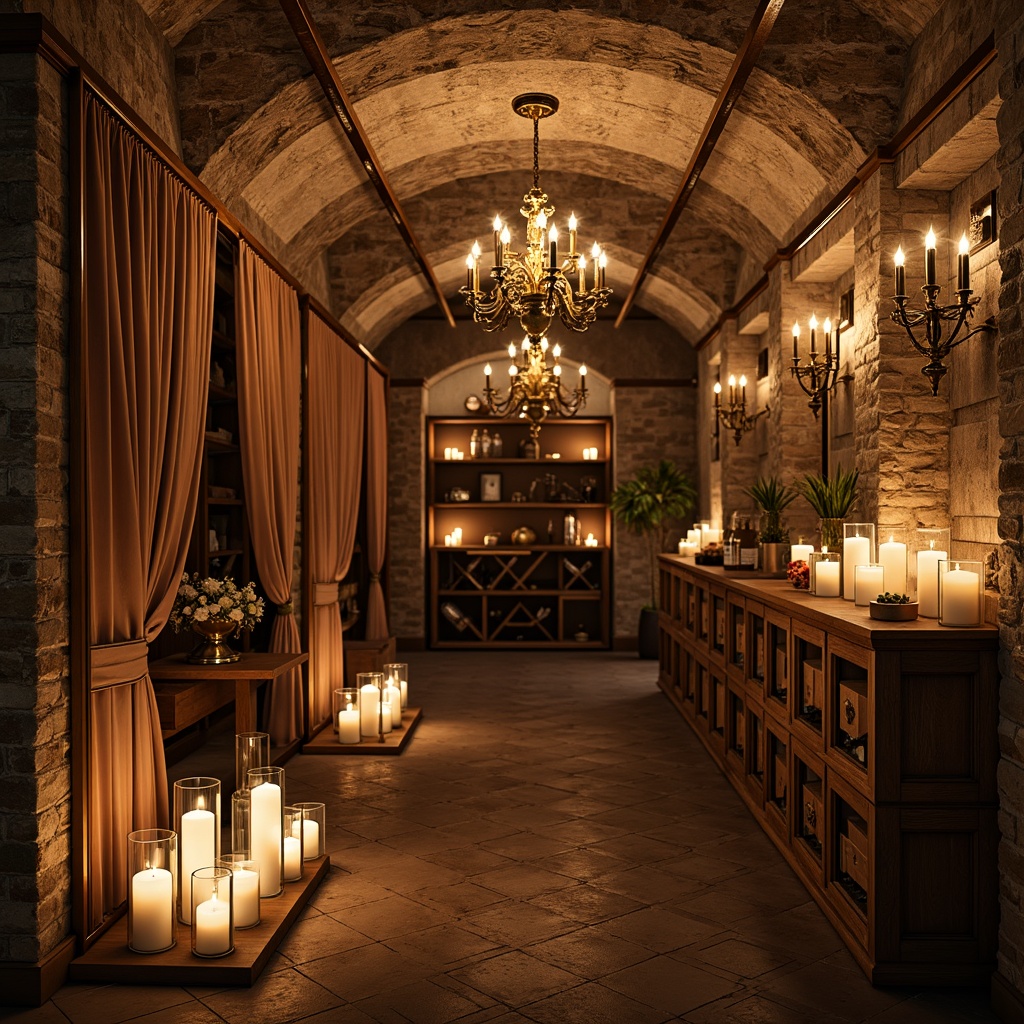 Prompt: Rustic wine cellar, distressed wood accents, soft warm candlelight, vintage metal lanterns, dimmable LED strips, rich velvet drapes, ornate gold fixtures, aged stone walls, worn brick arches, wooden wine crates, antique furniture pieces, lavish chandeliers, creamy ivory tones, warm beige hues, soft focus, shallow depth of field, 1/2 composition, intimate atmosphere, realistic textures, ambient occlusion.