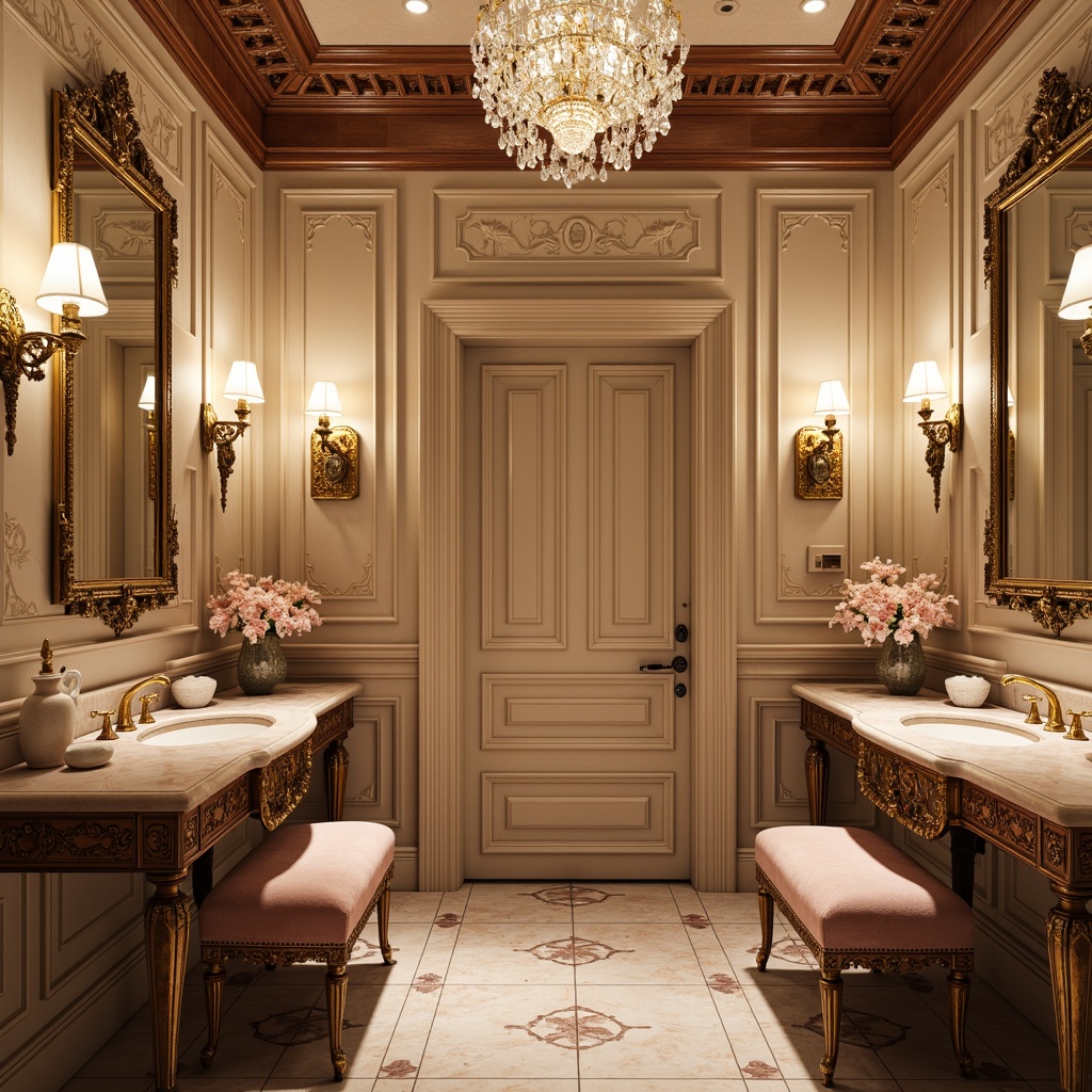 Prompt: Luxurious powder room, ornate gold fixtures, delicate porcelain vases, soft pink marble countertops, intricately carved wooden mirrors, lavish crystal chandeliers, velvet upholstered ottomans, antique bronze door handles, ornamental floral patterns, subtle rococo-inspired wall moldings, warm golden lighting, shallow depth of field, 1/1 composition, realistic textures, ambient occlusion.