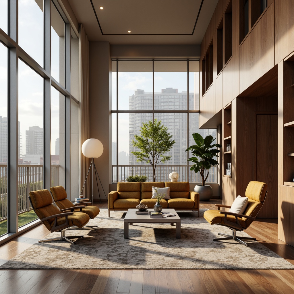 Prompt: Sleek modern living room, polished chrome legs, curved lines, minimalist silhouette, luxurious velvet upholstery, rich walnut wood accents, metallic silver frames, geometric patterns, ambient soft lighting, 1/1 composition, shallow depth of field, warm beige walls, large windows, urban cityscape views, morning sunlight, subtle shadows, realistic textures, high-gloss finishes.