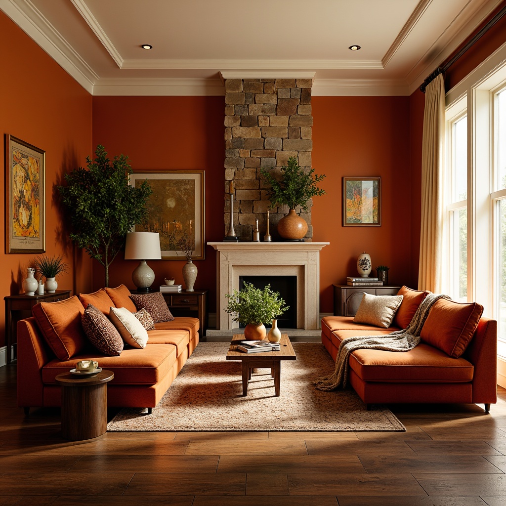 Prompt: Vibrant living room, plush velvet sofas, bold accent walls, rich wood flooring, warm golden lighting, natural stone fireplace, earthy terracotta vases, lush greenery, soft cream-colored curtains, eclectic artwork, metallic gold frames, cozy throw blankets, inviting atmosphere, shallow depth of field, 1/1 composition, realistic textures, ambient occlusion.