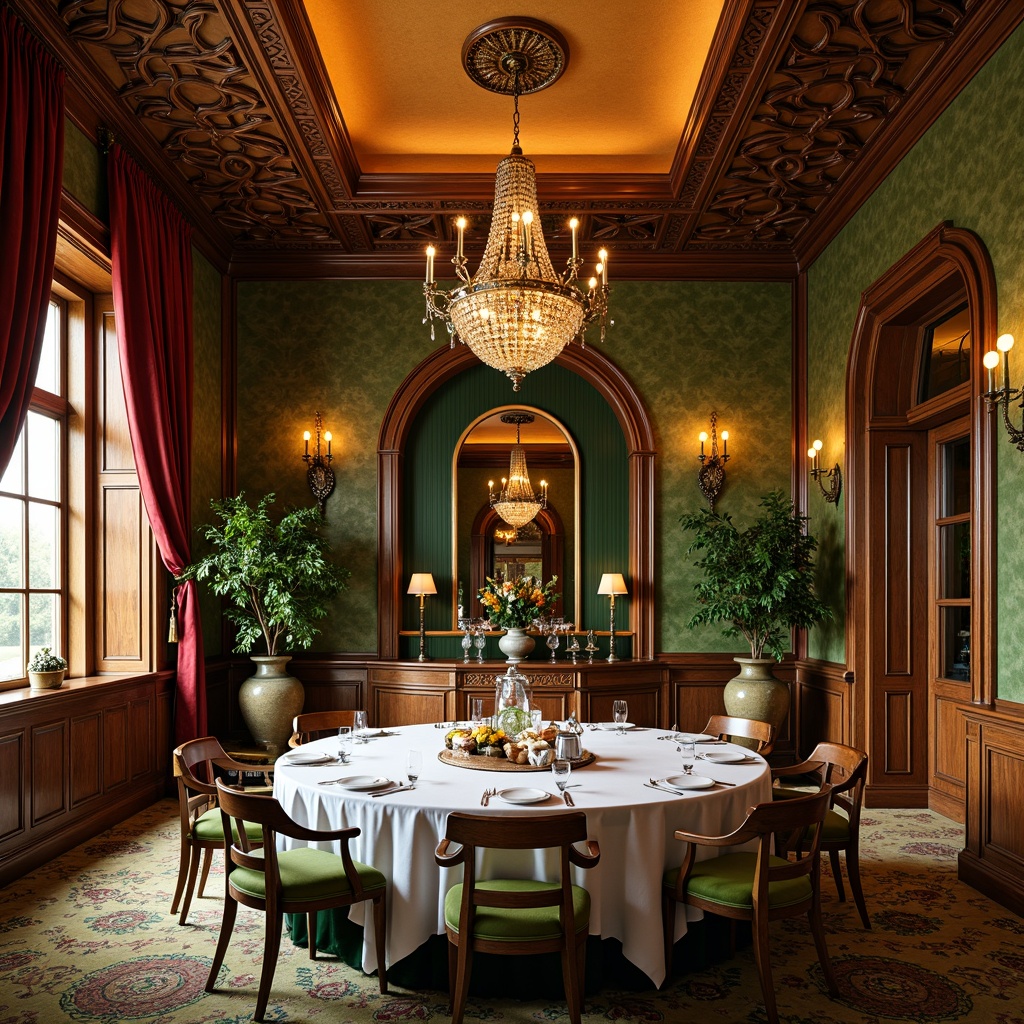 Prompt: Opulent Art Nouveau dining room, rich wooden paneling, ornate carvings, flowing organic patterns, jewel-toned color scheme, emerald green walls, amber-hued ceiling, ivory accents, luxurious velvet drapes, intricate metalwork, ornamental mirrors, soft warm lighting, shallow depth of field, 1/2 composition, romantic atmosphere, realistic textures, ambient occlusion.