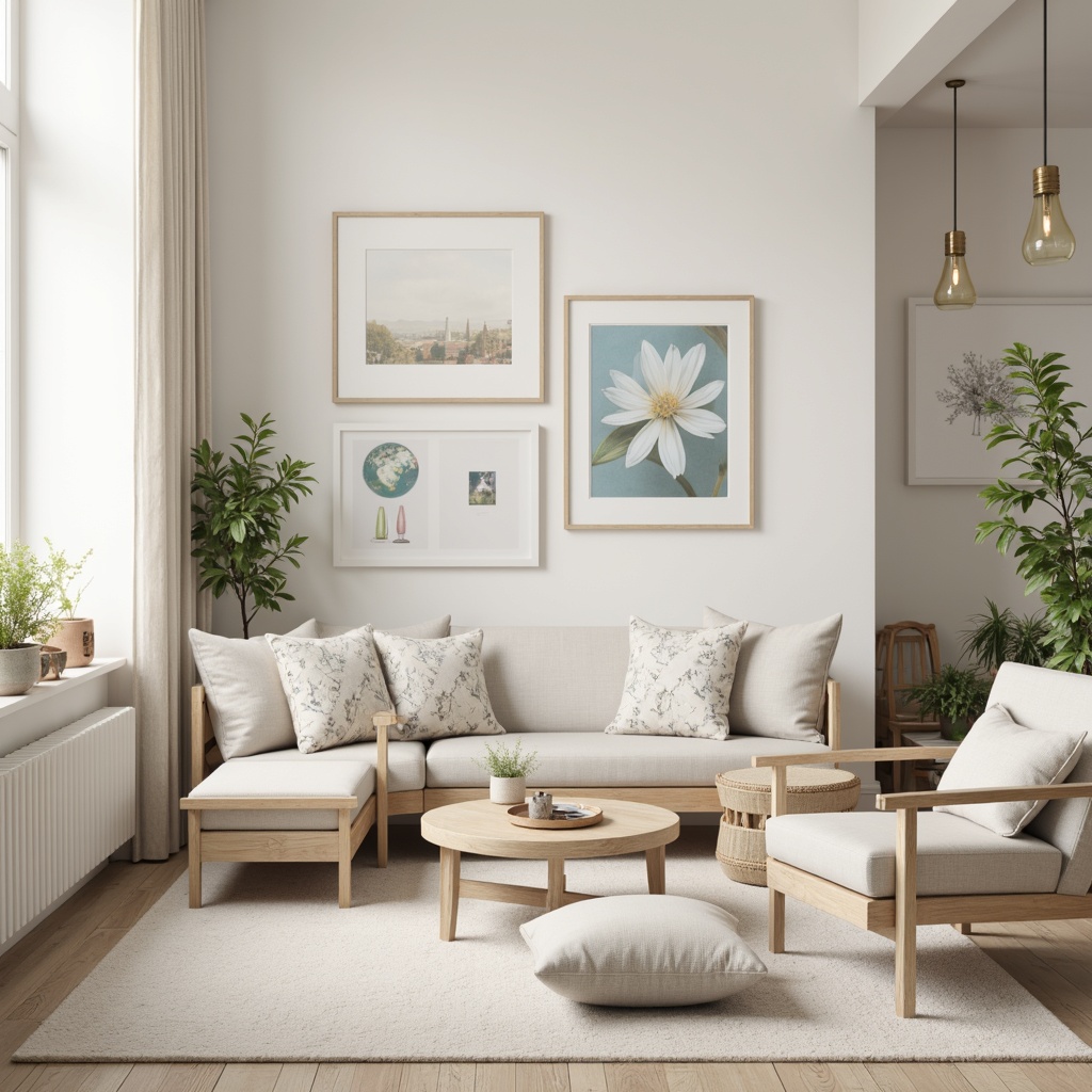 Prompt: Soft pastel hues, calming whites, creamy beiges, gentle blues, soothing greens, warm wood accents, natural stone textures, minimalist metal frames, subtle fabric patterns, delicate lace details, vintage-inspired decorations, cozy ambient lighting, shallow depth of field, 1/1 composition, serene atmosphere, realistic renderings.