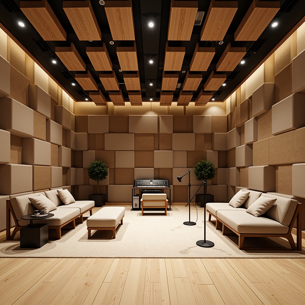 Prompt: Modern recording studio, soundproofed walls, acoustic panels, wooden diffusers, professional audio equipment, microphone stands, comfortable seating area, dimmable lighting, warm beige colors, sound-absorbing materials, geometric patterns, 1/2 composition, softbox lighting, shallow depth of field, realistic textures, ambient occlusion.