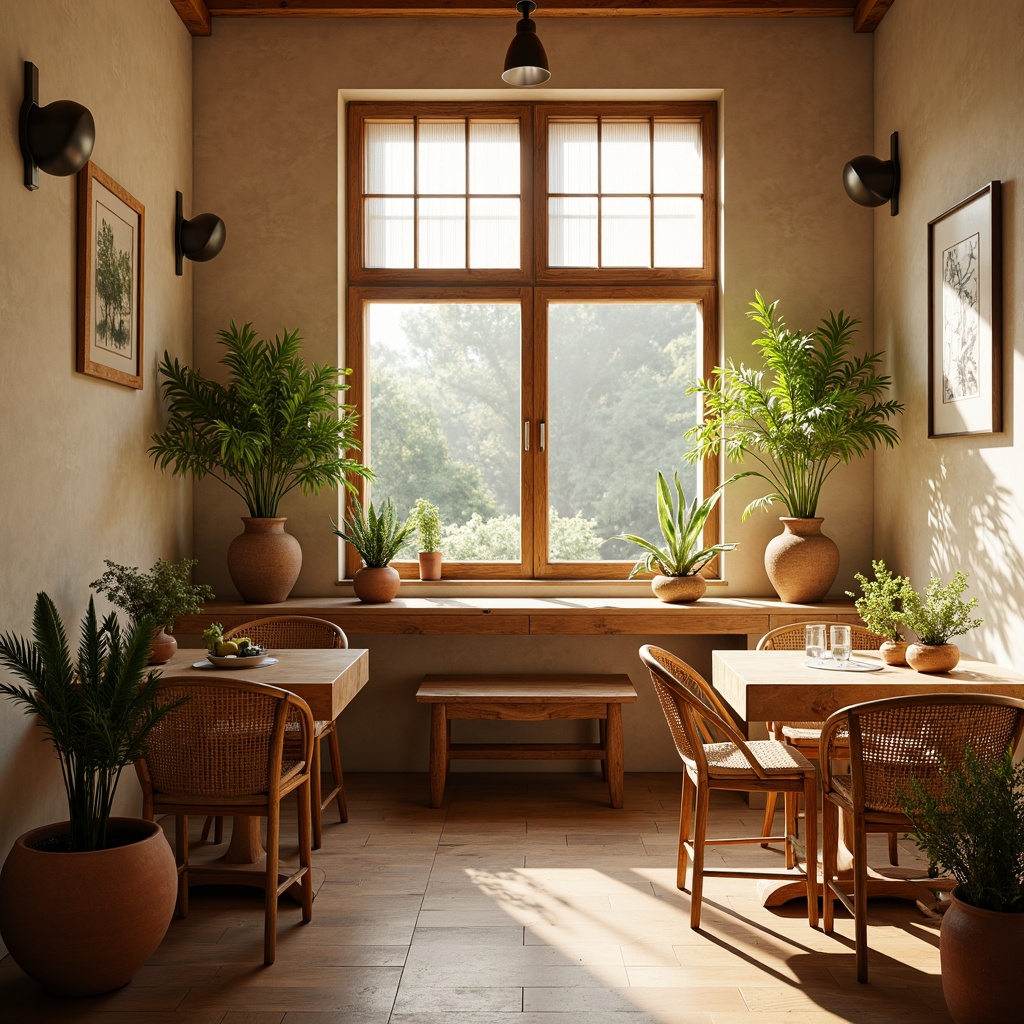 Prompt: Cozy breakfast nook, warm natural light, soft beige tones, rustic wooden tables, woven wicker chairs, potted green plants, ceramic vases, earthy terracotta pots, sunny morning atmosphere, gentle shadows, 1/1 composition, soft focus, warm color palette, inviting textures, ambient lighting.