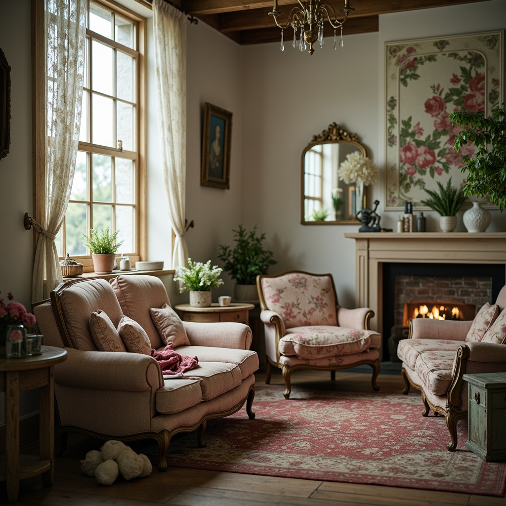 Prompt: Distressed vintage furniture, soft pastel hues, floral patterns, lace curtains, worn wood flooring, antique accessories, rustic metal decor, faded velvet fabrics, muted color palette, warm candlelight, 1/1 composition, shallow depth of field, romantic ambiance, intimate setting.