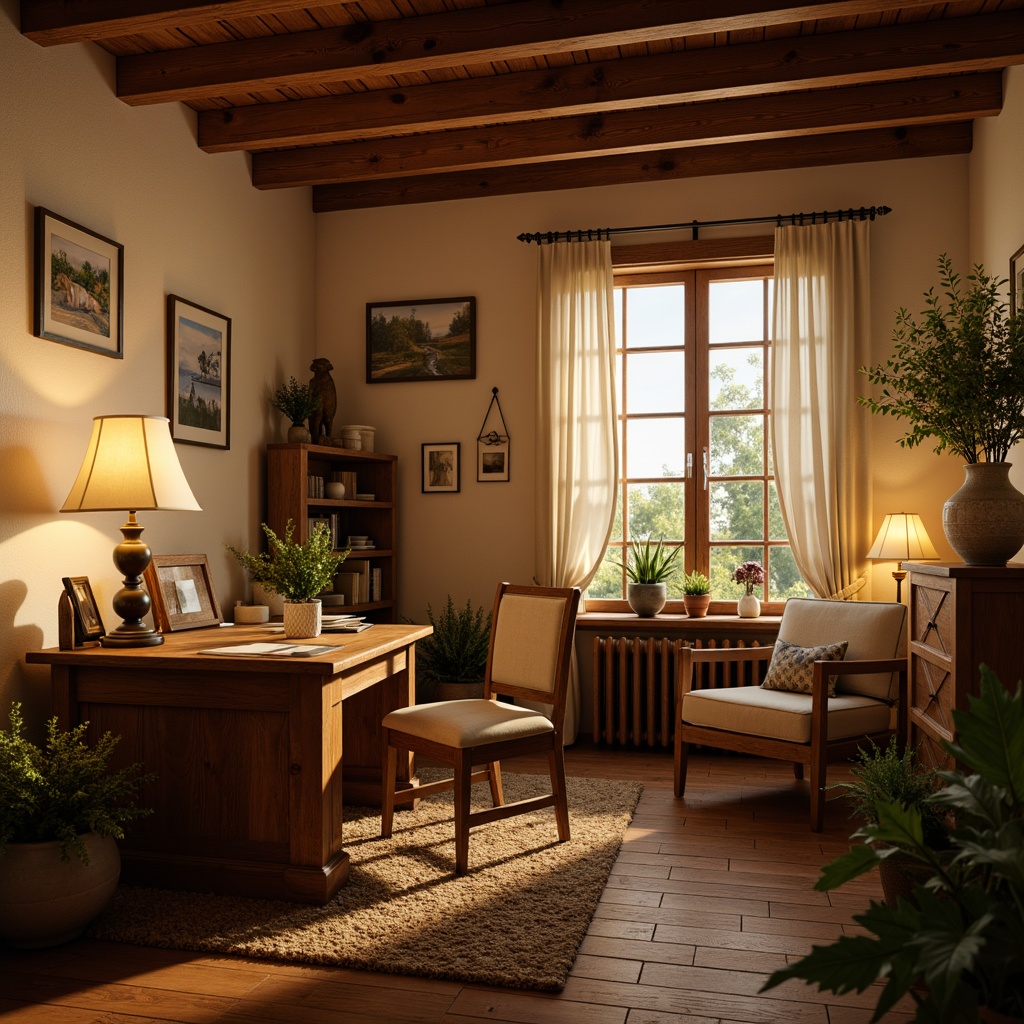 Prompt: Cozy home office, vernacular style, wooden furniture, warm beige walls, comfortable workspace, task lighting, floor lamps, table lamps, soft warm glow, natural daylight, large windows, sheer curtains, rustic wood accents, earthy tones, warm atmosphere, shallow depth of field, 1/1 composition, realistic textures, ambient occlusion.