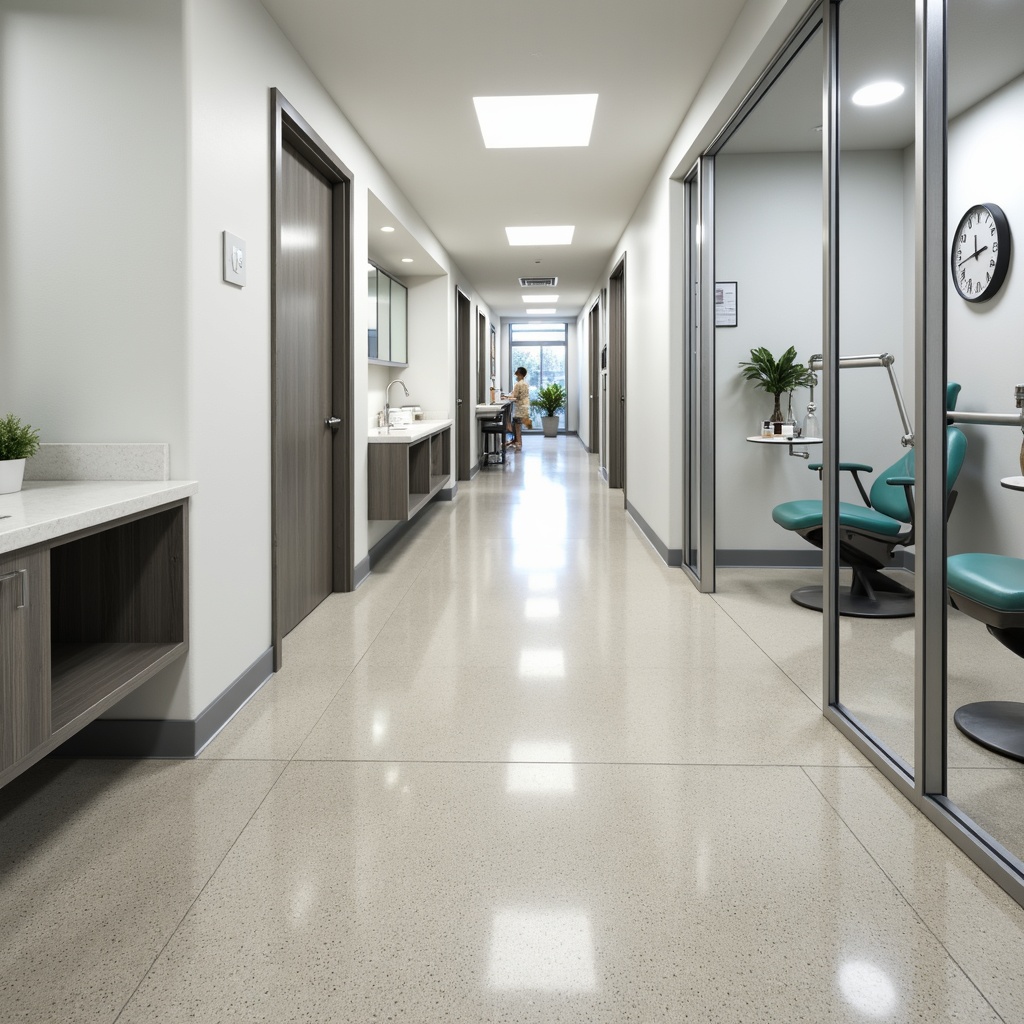 Prompt: Sterile dental clinic flooring, modern epoxy resin, seamless joints, antimicrobial properties, slip-resistant surfaces, easy cleaning, durable materials, high-traffic areas, commercial-grade vinyl, homogeneous patterns, subtle texture, calming colors, natural stone looks, minimalist aesthetic, functional layout, efficient workflow, ergonomic design, medical equipment integration, hygienic atmosphere, bright artificial lighting, 1/1 composition, softbox shadows, realistic reflections.