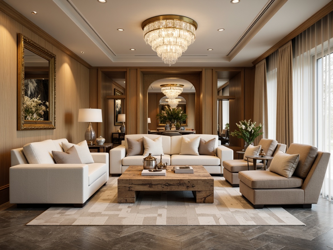 Prompt: Transitional style interior, warm beige walls, rich wood tones, plush cream-colored sofas, velvet accent chairs, reclaimed wooden coffee tables, elegant crystal chandeliers, soft golden lighting, subtle patterned rugs, metallic accents, sleek glass vases, natural stone flooring, creamy white curtains, ornate gold frames, balanced composition, 1/2 symmetry, warm color palette, inviting atmosphere.