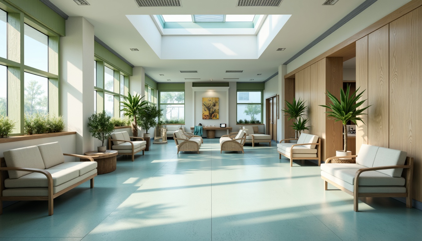 Prompt: \Soothing hospital interior, calming blue hues, gentle green accents, warm beige tones, natural wood textures, soft cream colors, subtle patterns, minimalist decor, modern medical equipment, stainless steel surfaces, ergonomic furniture, ample natural light, comfortable waiting areas, peaceful ambiance, shallow depth of field, 1/1 composition, realistic reflections, ambient occlusion.\