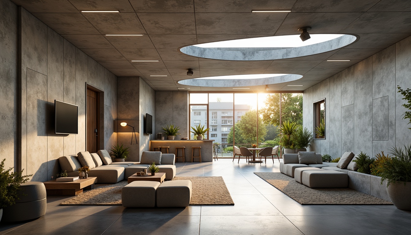 Prompt: Futuristic interior space, Plasticrete walls, metallic accents, industrial chic aesthetic, modern furniture pieces, sleek lines, minimalist decor, eco-friendly materials, sustainable design solutions, natural light pouring, soft warm glow, shallow depth of field, 3/4 composition, realistic textures, ambient occlusion.